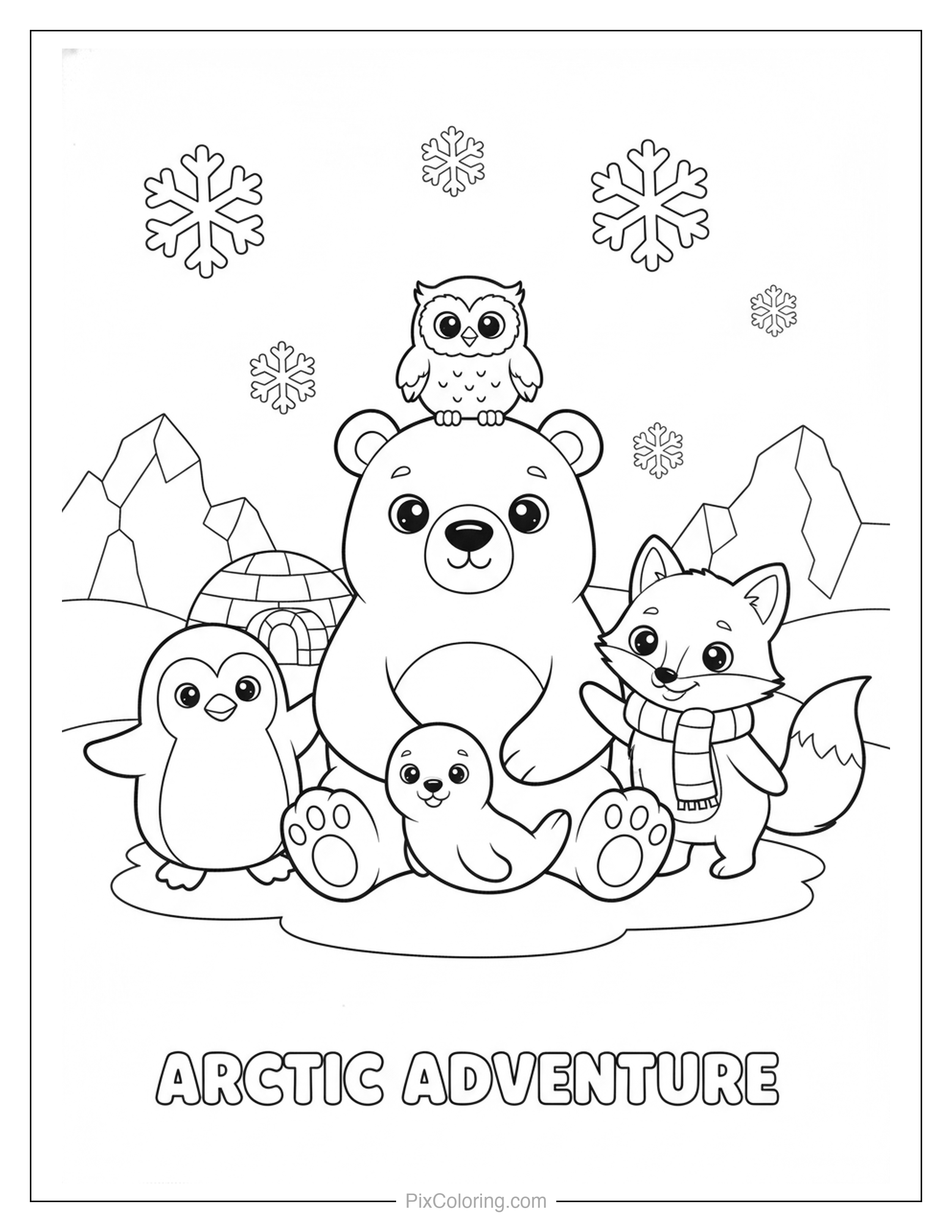 Cheerful polar bear with owl on its head, a penguin, baby seal, and arctic fox gathered near an igloo in the snow coloring page for kids