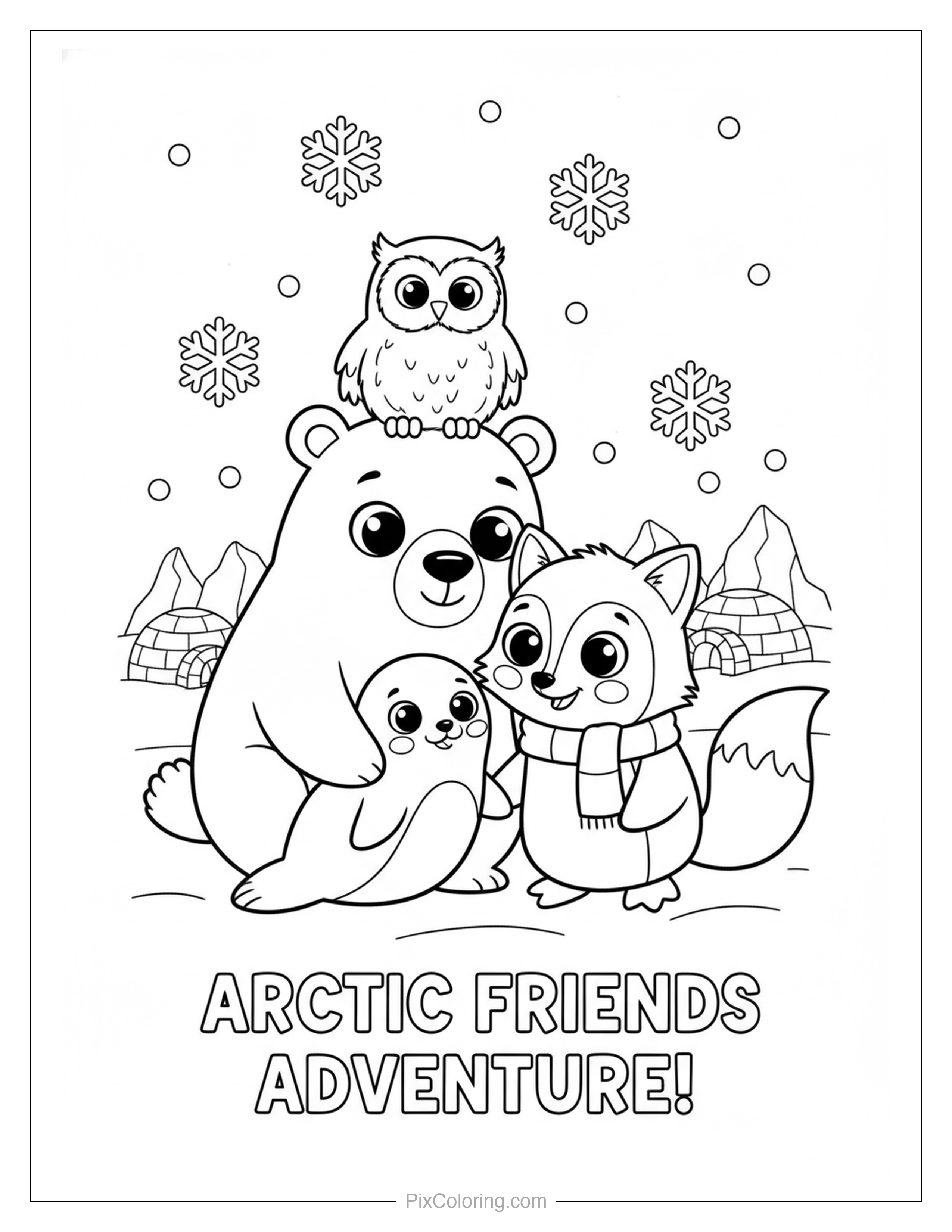 Cute polar bear, owl, baby seal, and arctic fox together in an arctic scene with igloo and snowflakes coloring page for kids
