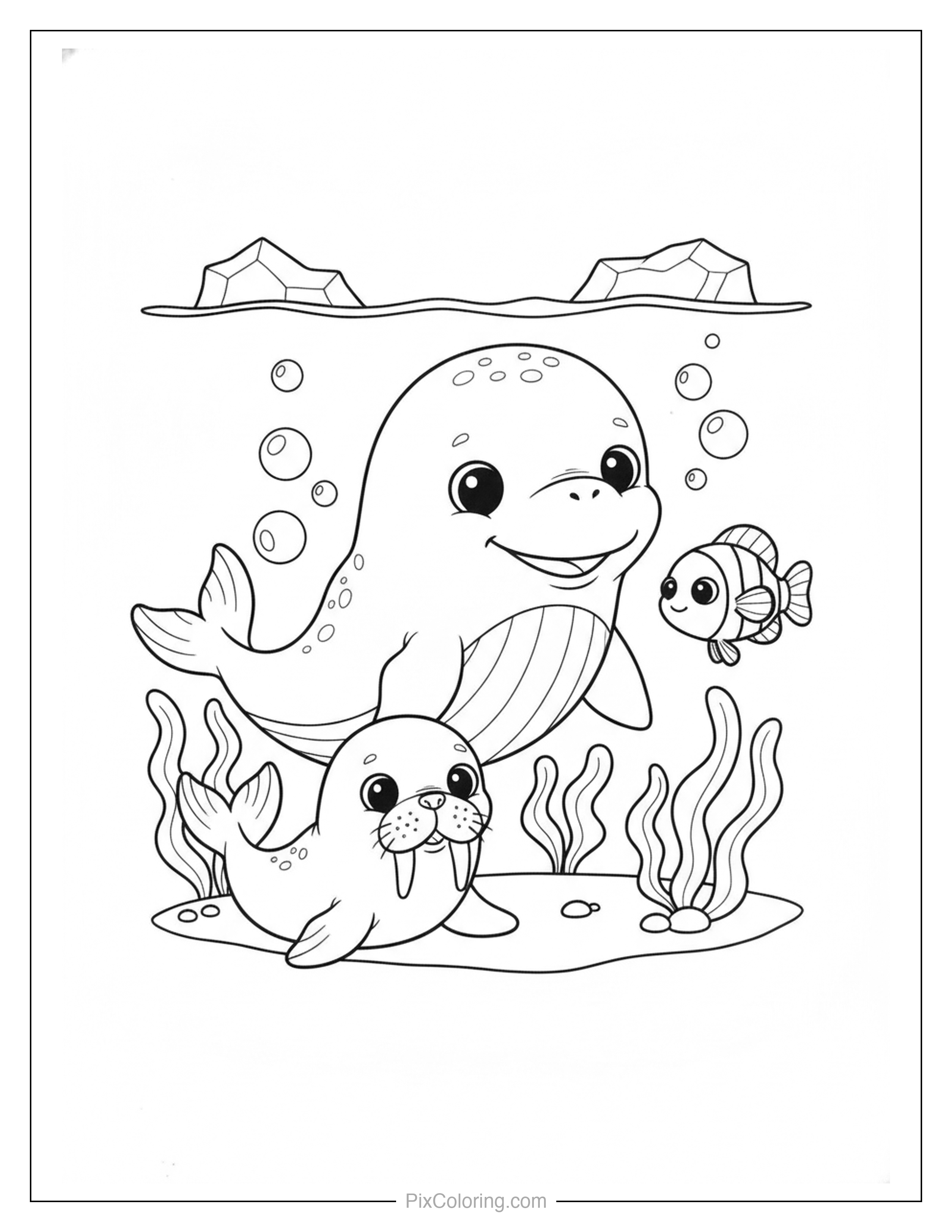 Cute beluga whale swimming with a baby walrus and a clownfish among seaweed and icebergs underwater coloring page for kids