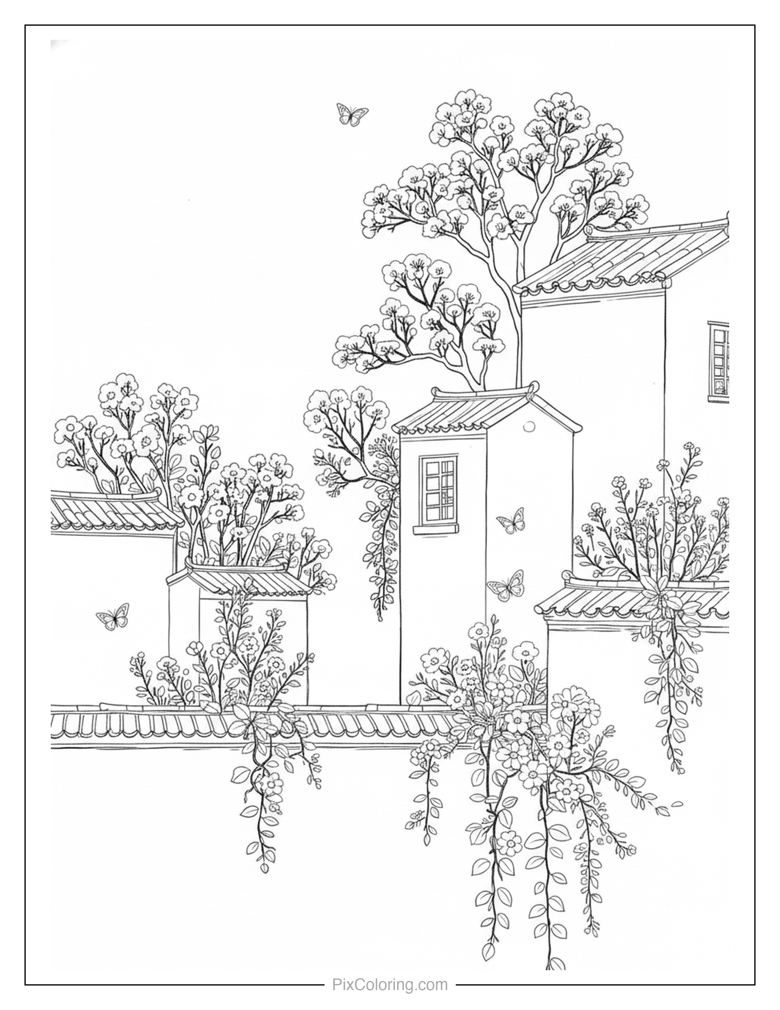 Traditional Asian-style buildings with tiled roofs surrounded by flowering wisteria vines, cherry blossom trees, and butterflies coloring page for kids