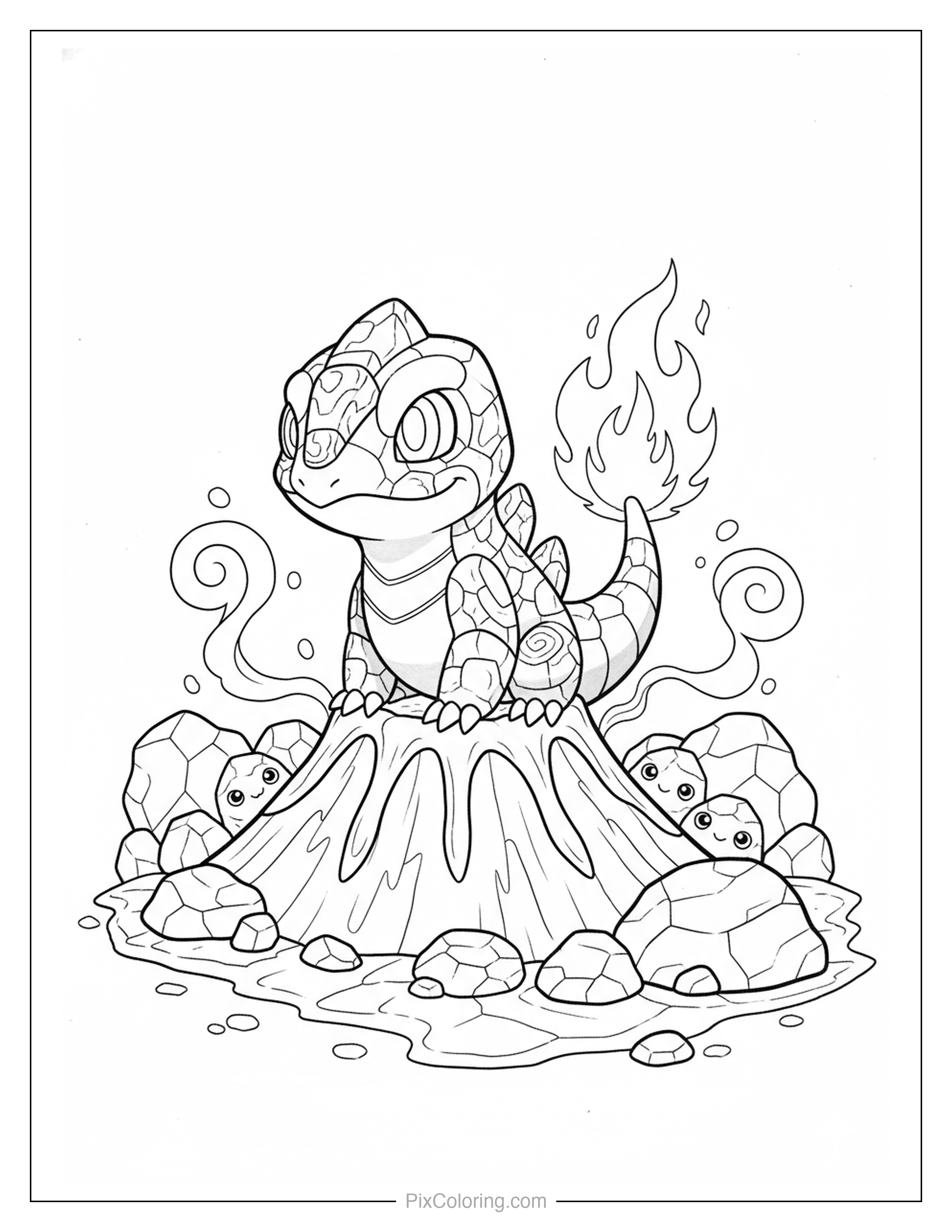 A cute baby dinosaur with patterned scales sitting on top of a lava rock with flames behind it and small friendly rock creatures around it coloring page for kids