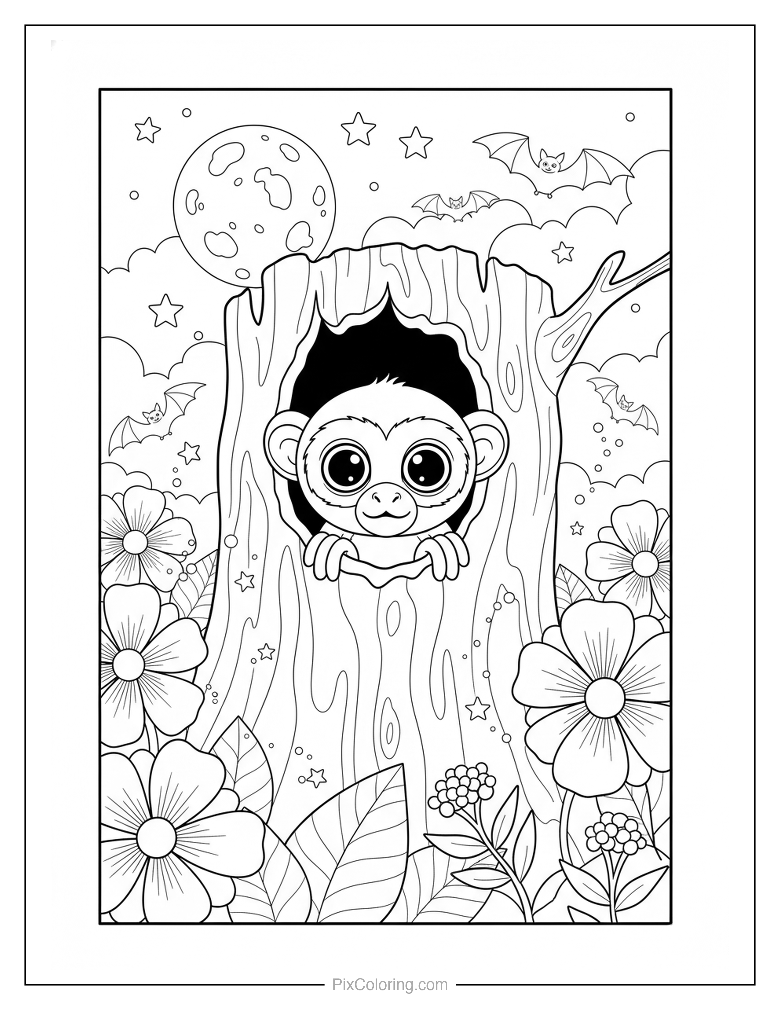 Baby monkey with big eyes peeking out from a tree hollow on a night sky with bats, crescent moon, stars, and flowers below coloring page for kids