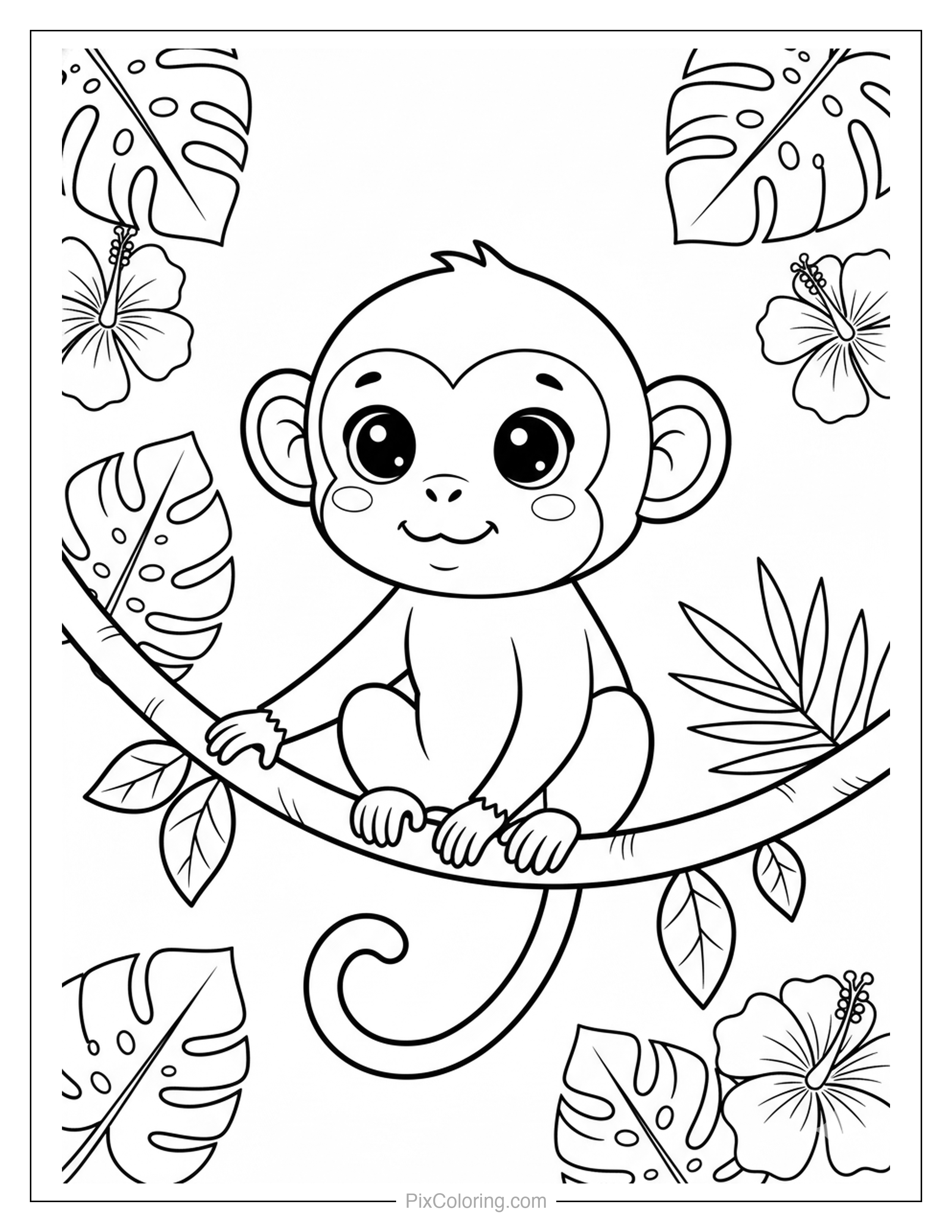 Super cute baby monkey with round cheeks and big eyes sitting on a branch with tropical monstera leaves and hibiscus flowers coloring page for kids
