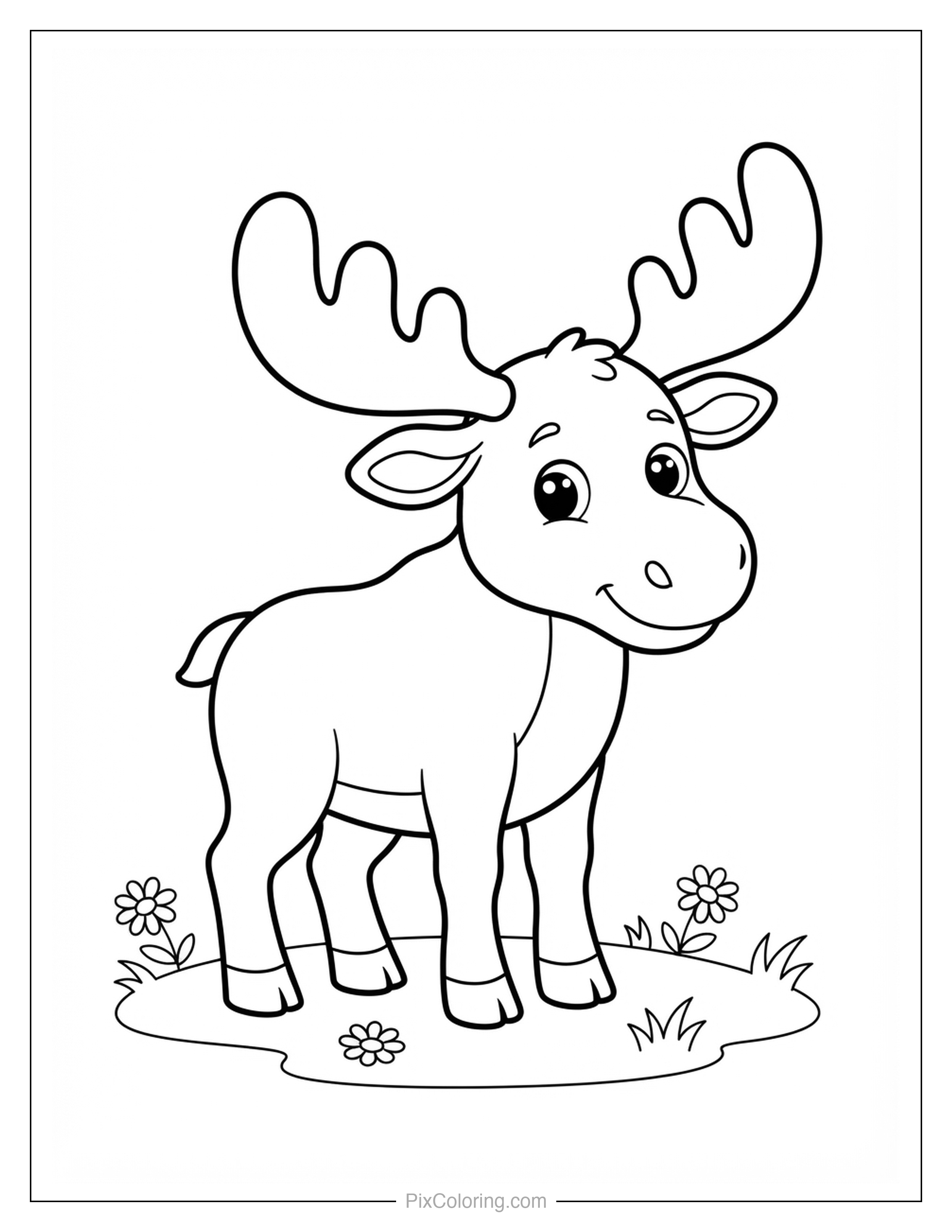 Goofy cartoon baby moose with big curly antlers and wobbly eyes standing in a grassy meadow with daisies coloring page for kids
