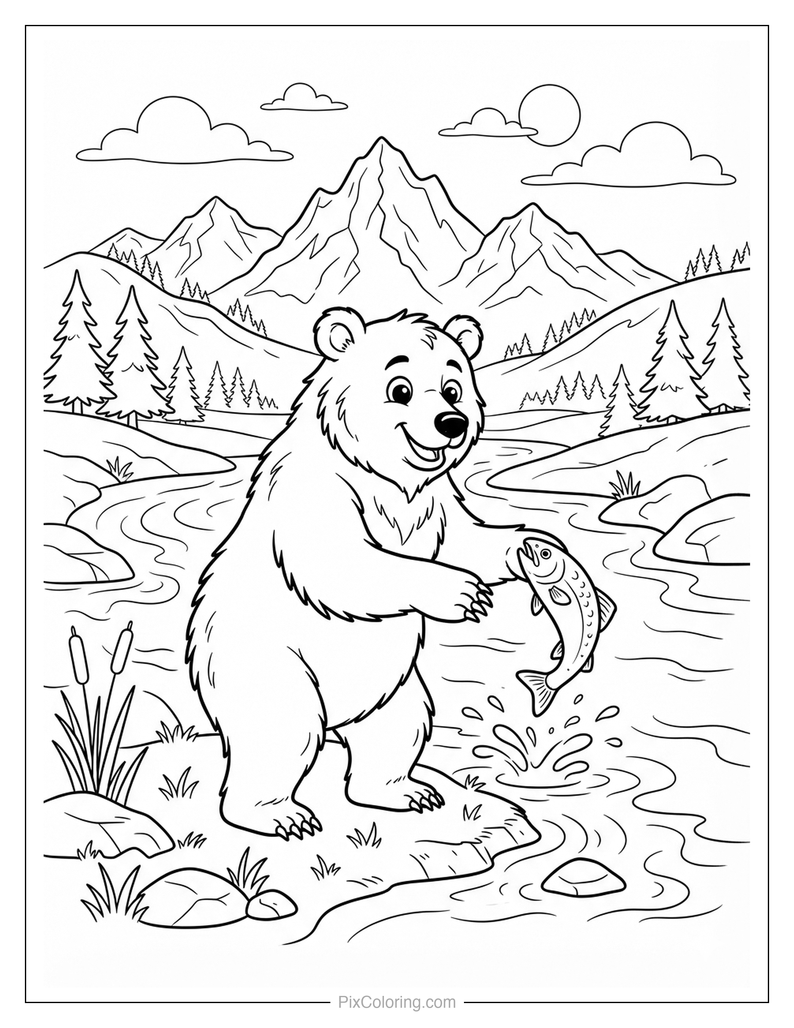 Friendly grizzly bear catching a fish in a mountain river with pine trees and peaks in the background coloring page for kids