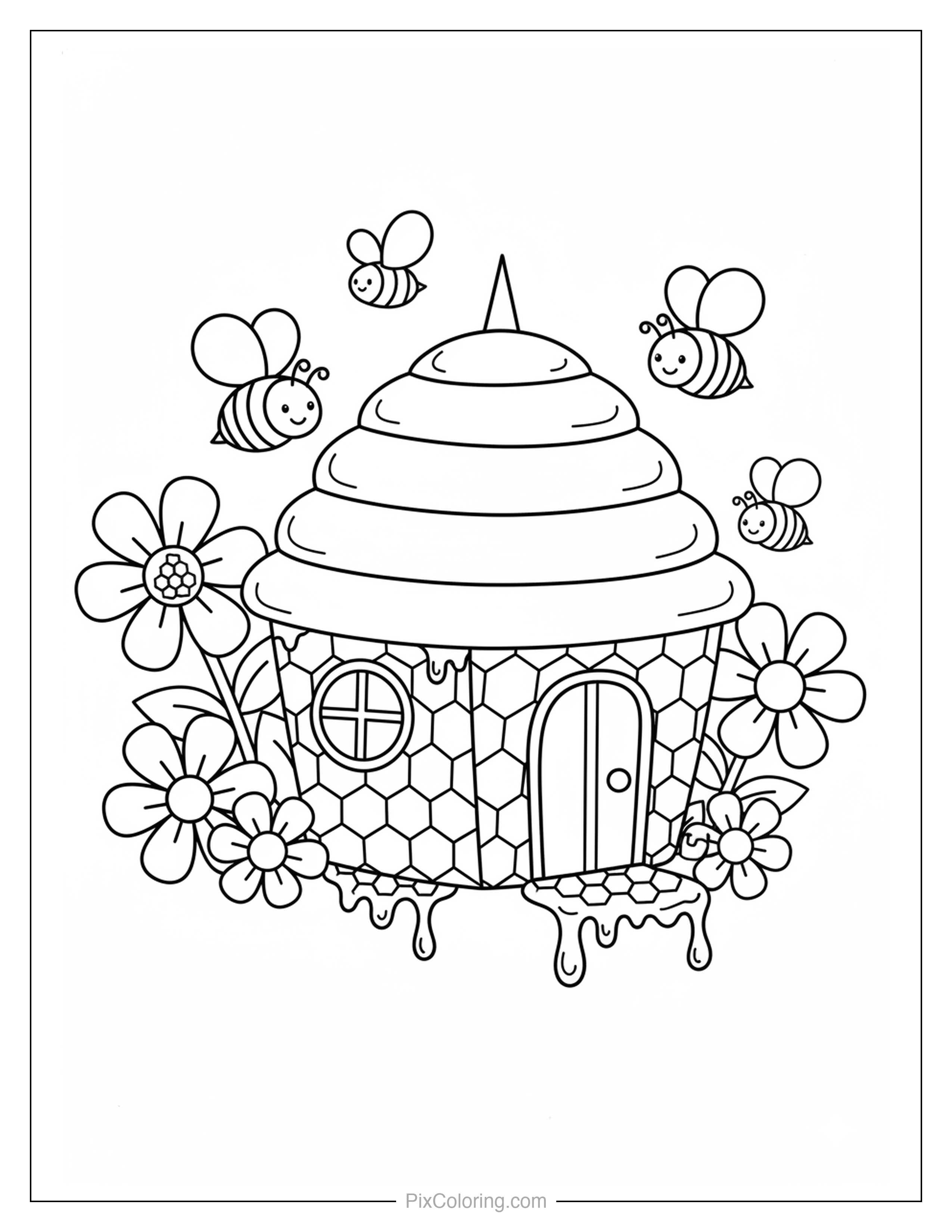 Beehive-shaped house with honeycomb pattern surrounded by cute bees, daisy flowers, and dripping honey coloring page for kids