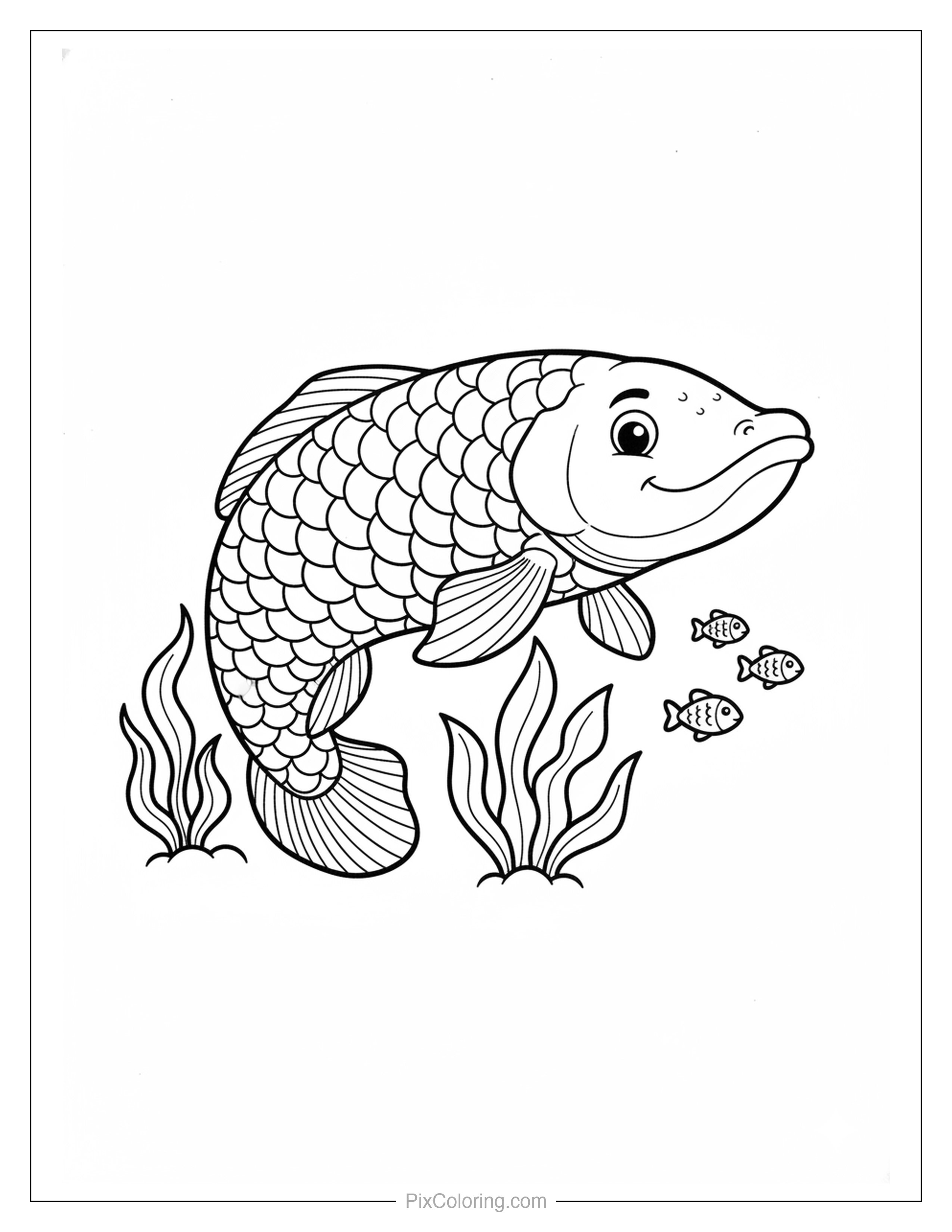 Large cheerful fish with a big grin swimming underwater with three smaller fish friends and seaweed below coloring page for kids
