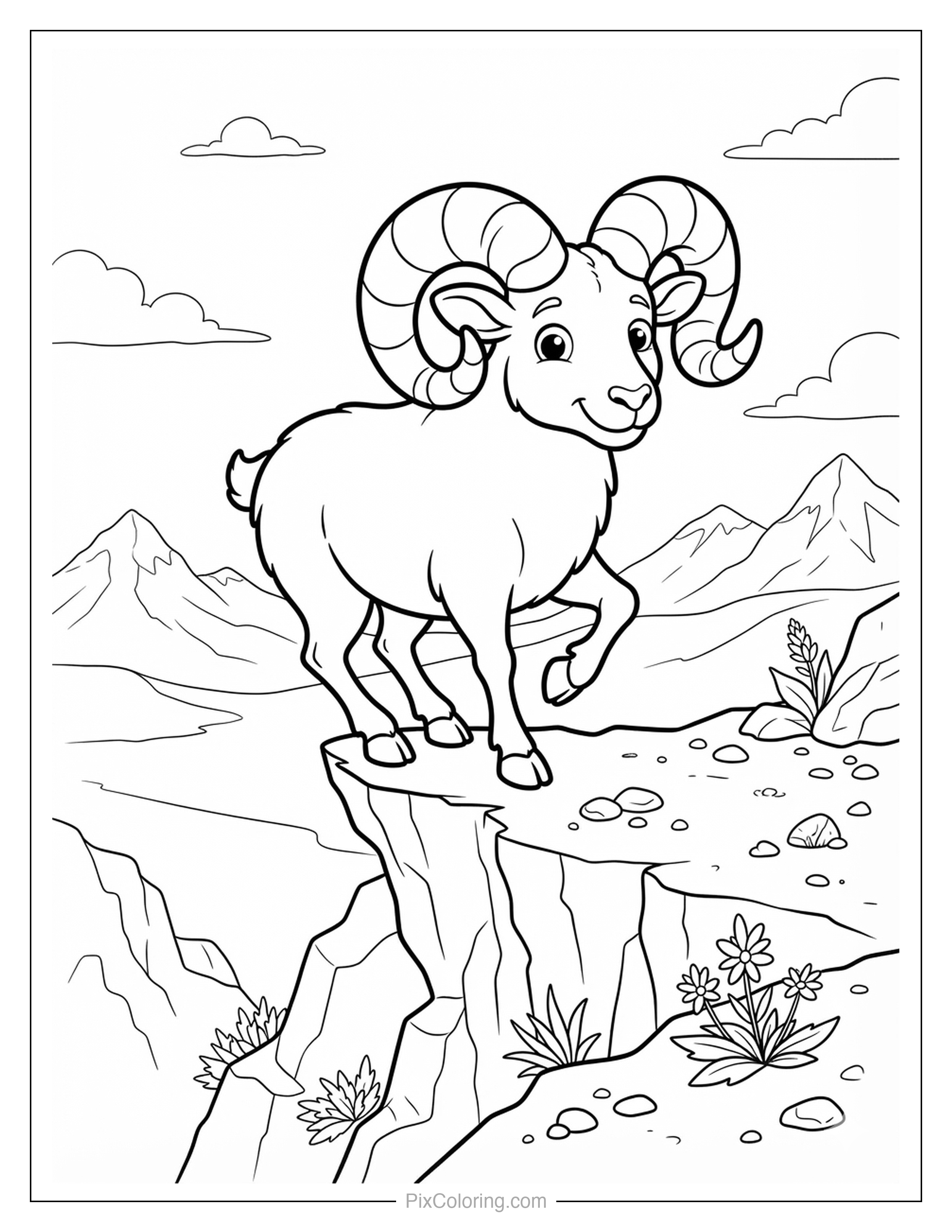 Bighorn ram with curled horns standing on a rocky cliff overlooking the mountains coloring page for kids