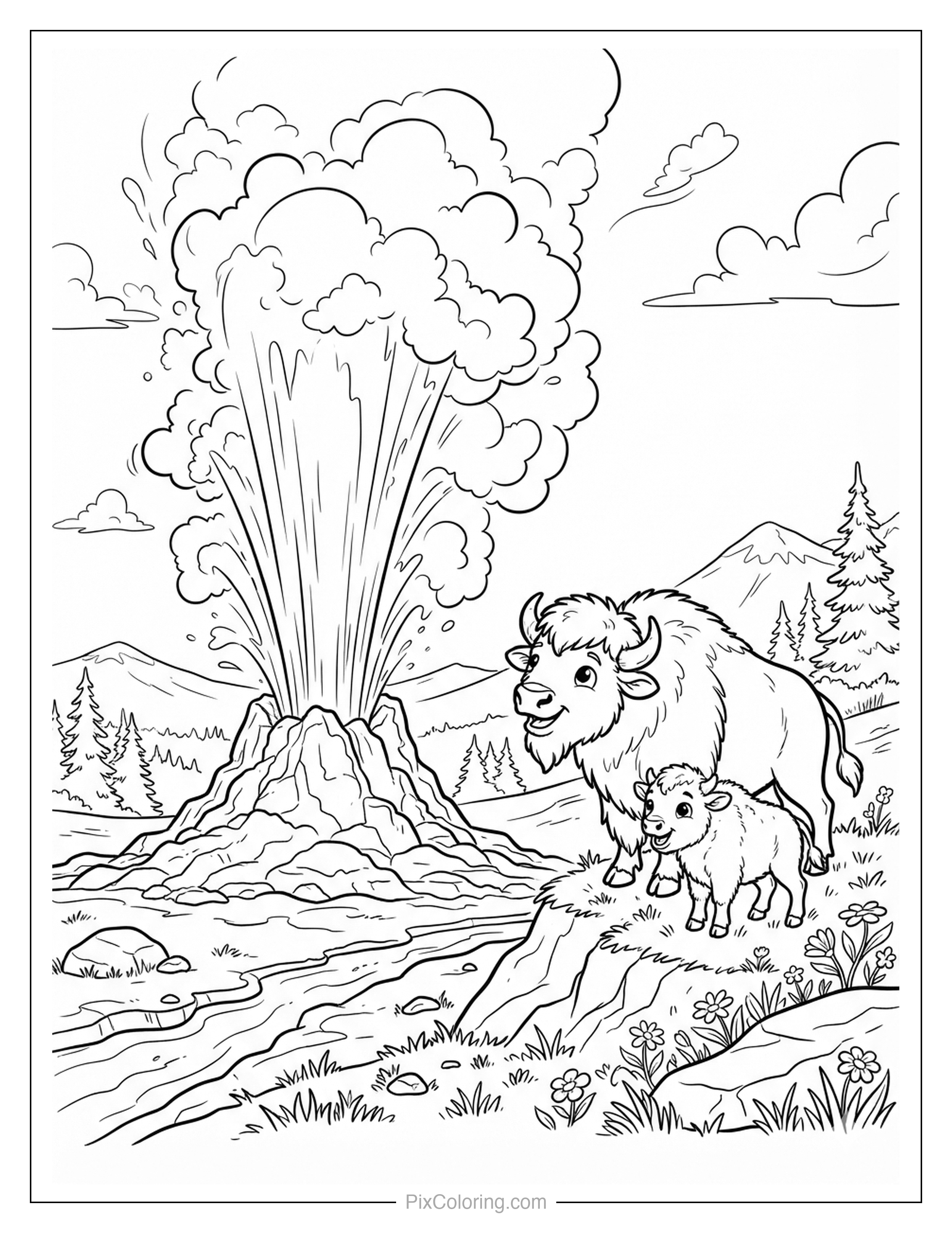 Mother bison and calf watching a geyser erupt in a mountain valley coloring page for kids