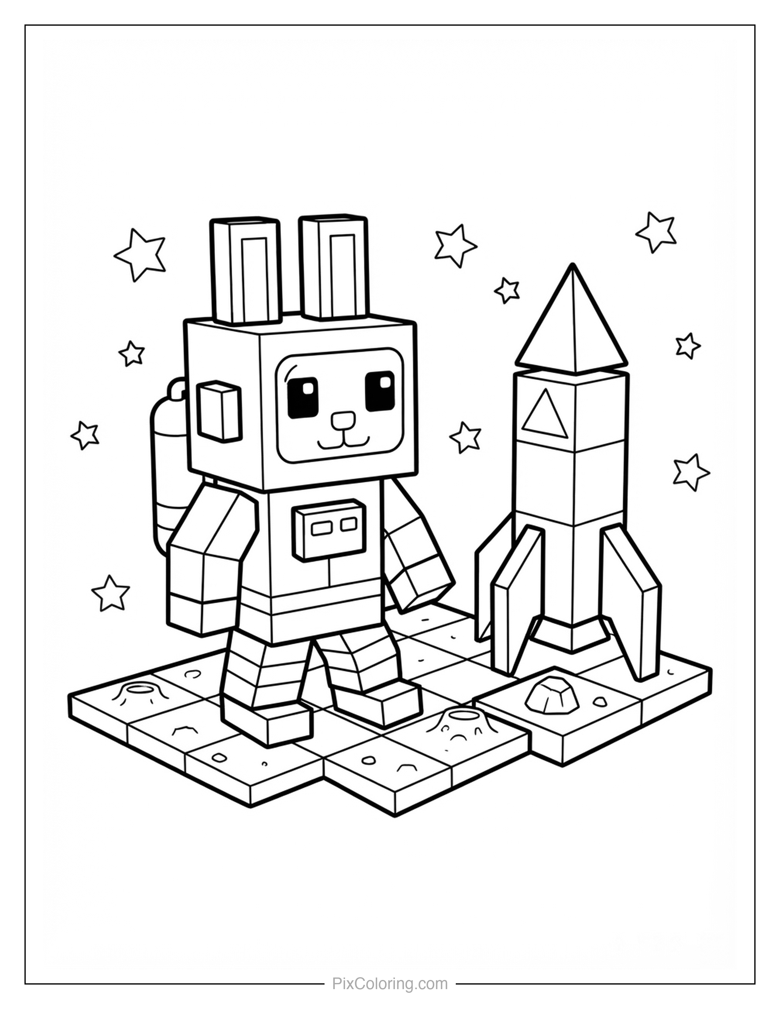 Blocky cube-style bunny astronaut standing on the moon next to a rocket ship among stars coloring page for kids