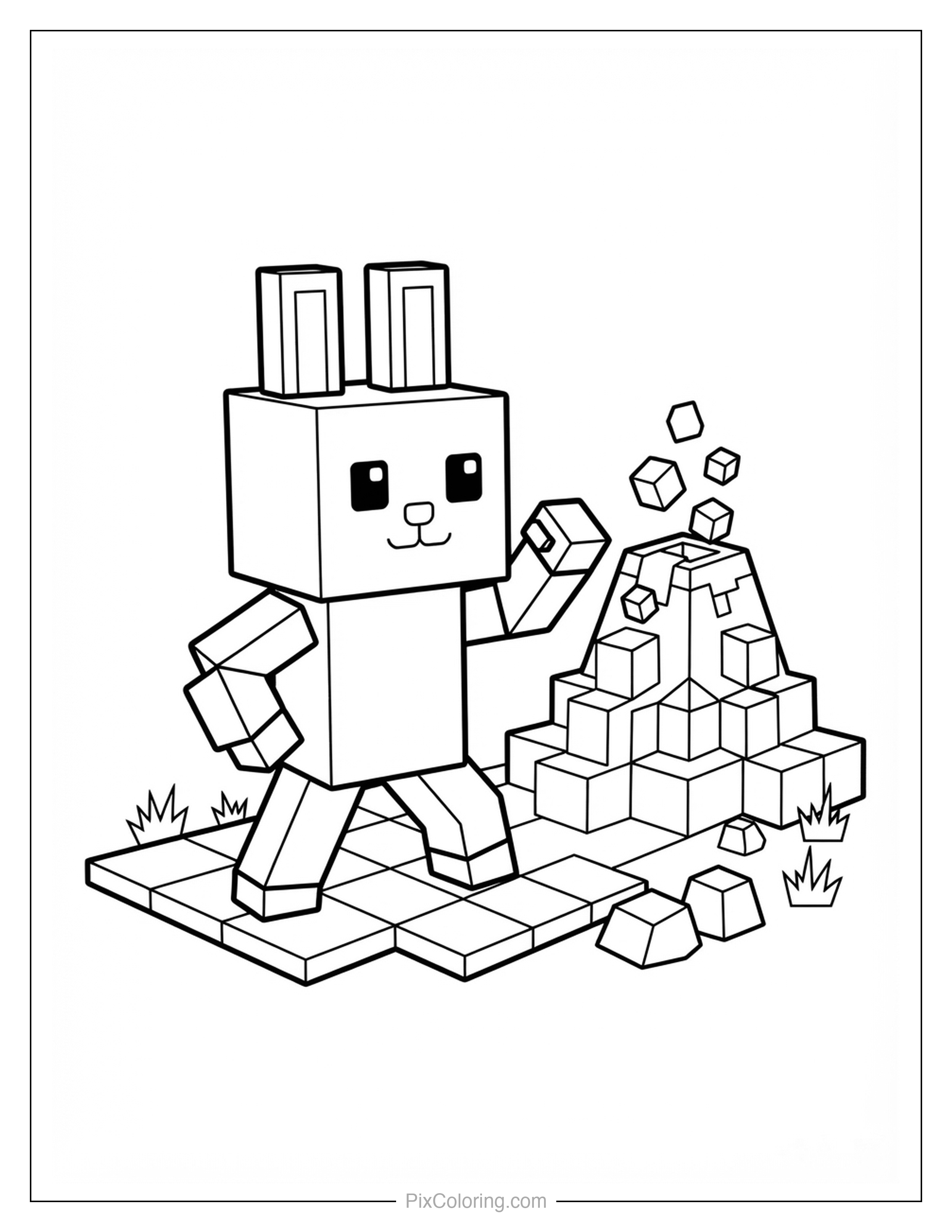 Blocky cube-style bunny punching apart a pile of blocks with chunks flying off coloring page for kids