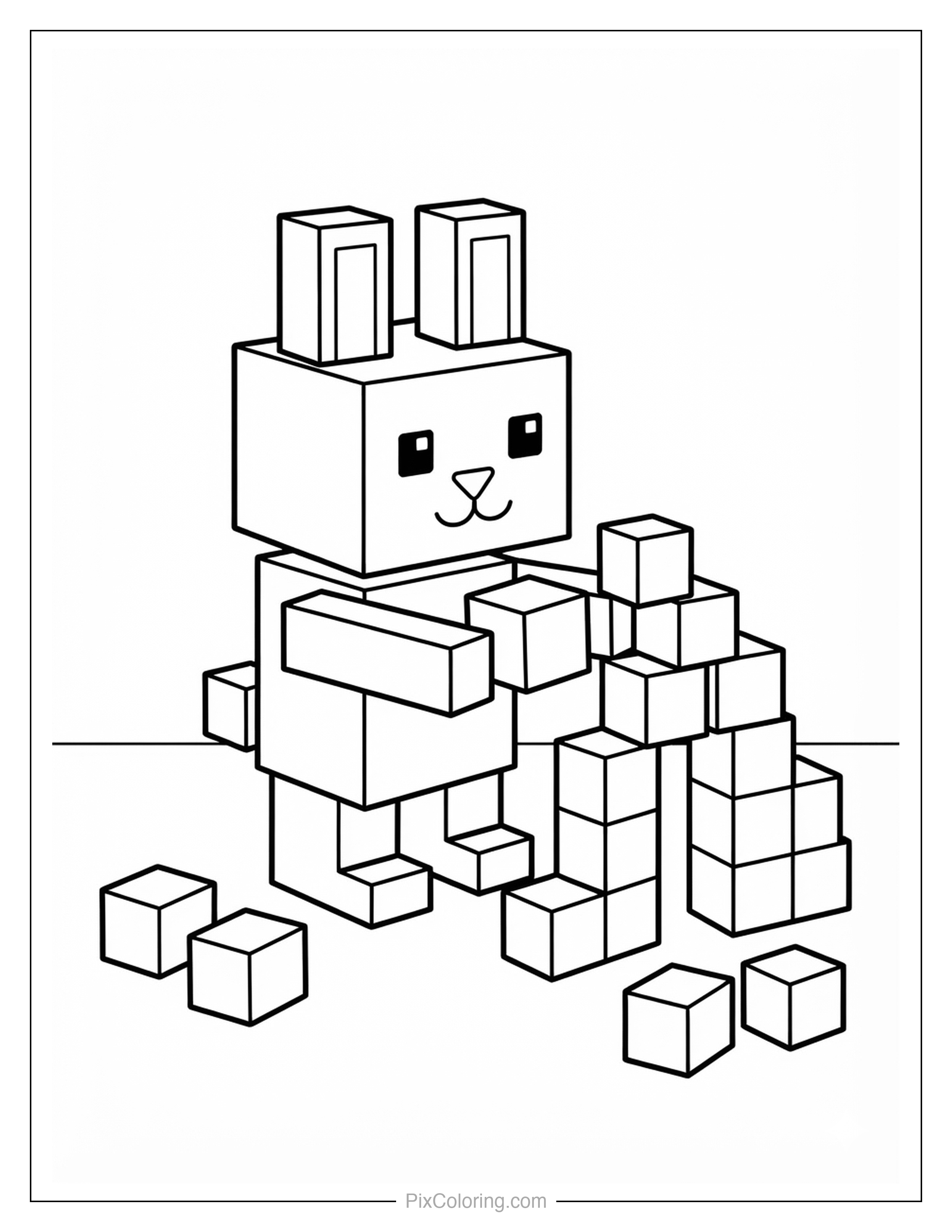 Blocky cube-style bunny surrounded by scattered building blocks coloring page for kids