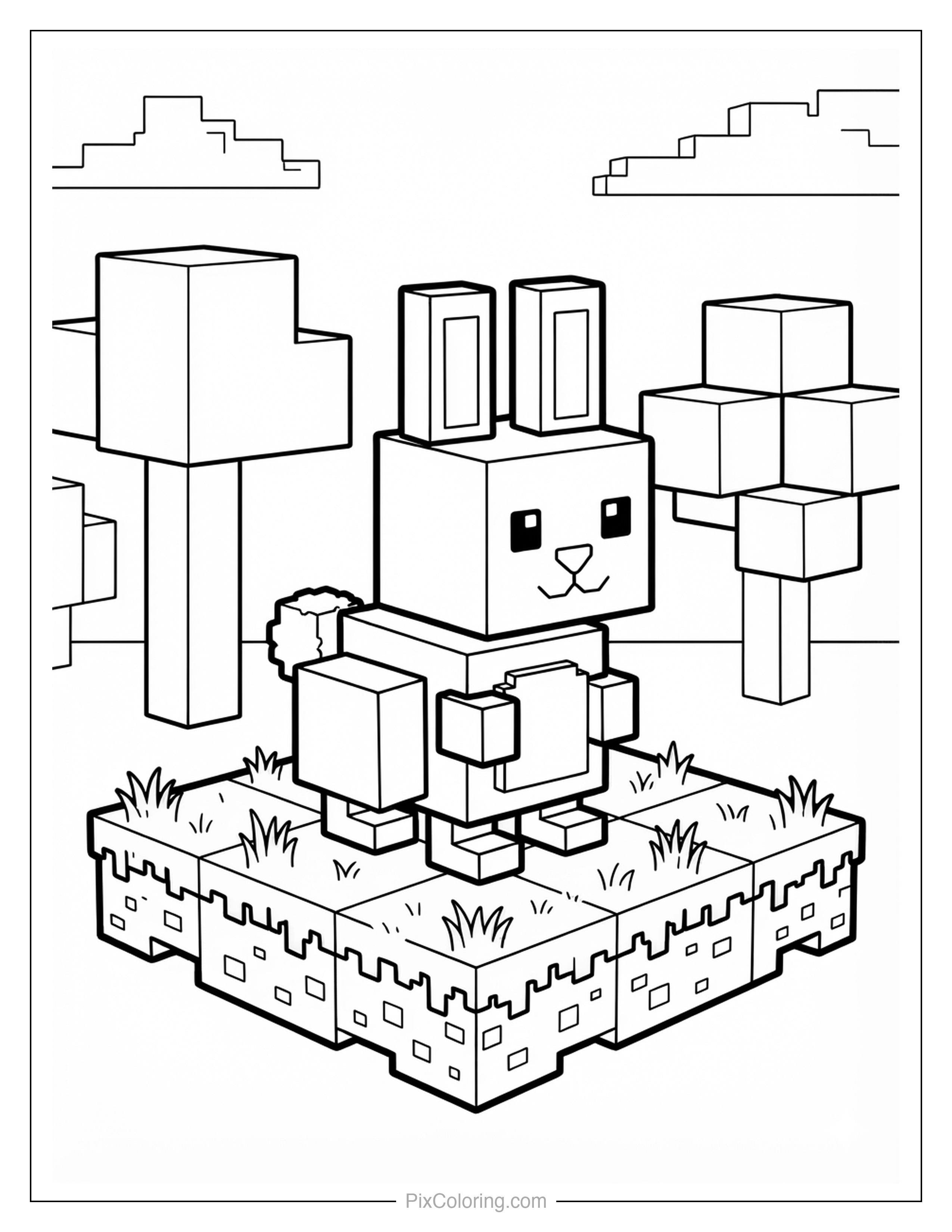 Blocky cube-style bunny standing on a grass block platform with blocky trees in the background coloring page for kids
