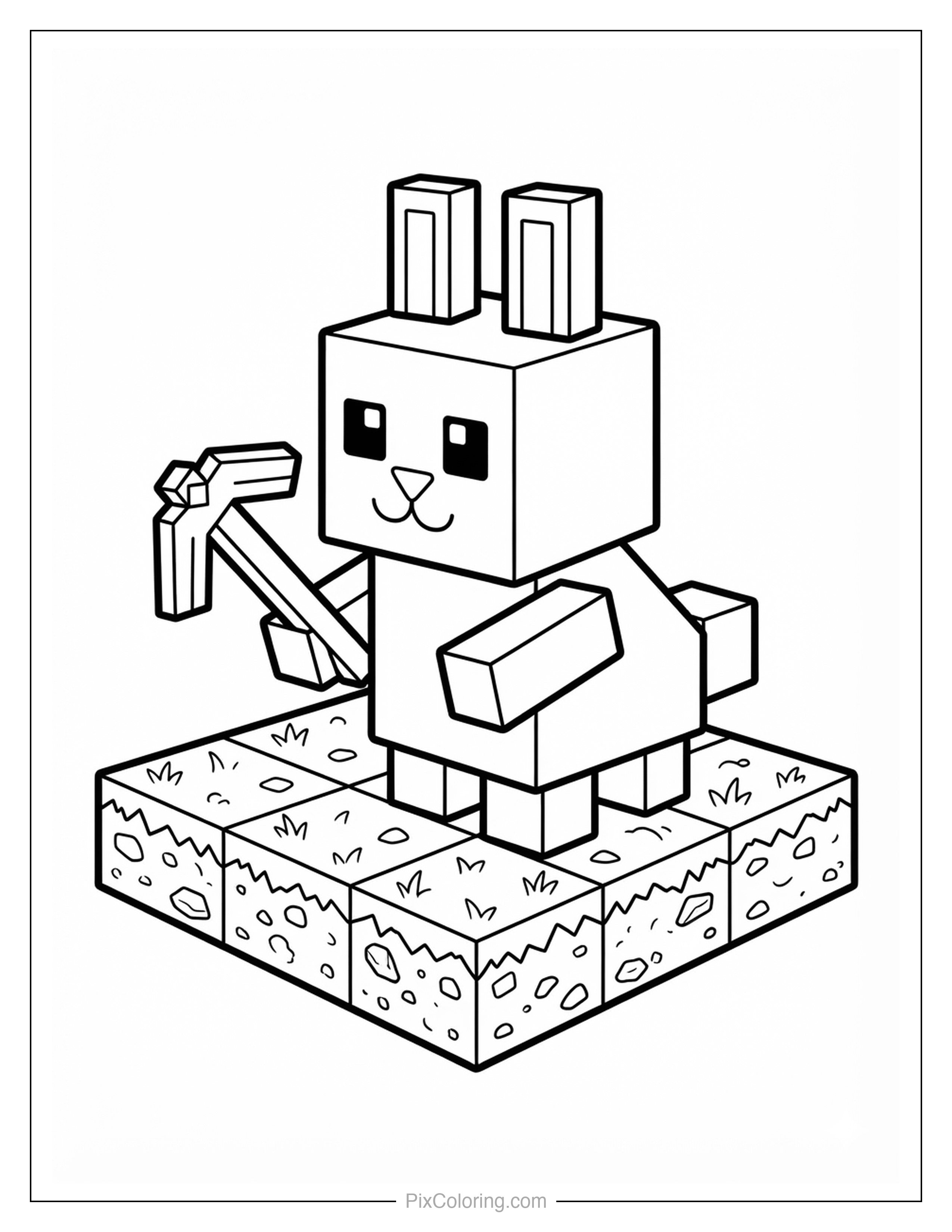 Blocky cube-style bunny holding a pickaxe standing on a dirt block platform coloring page for kids