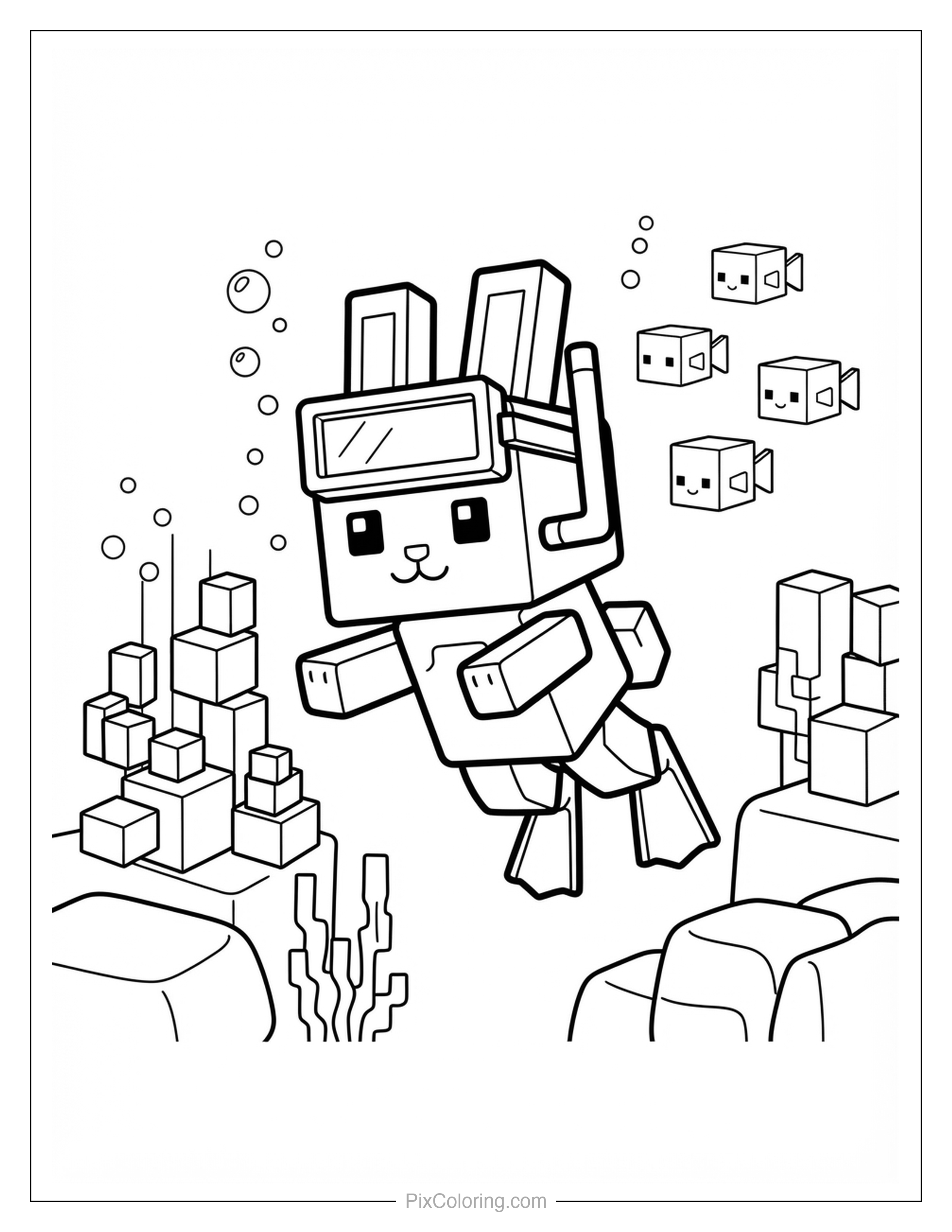 Blocky cube-style bunny wearing a scuba mask and flippers swimming underwater with fish and coral coloring page for kids