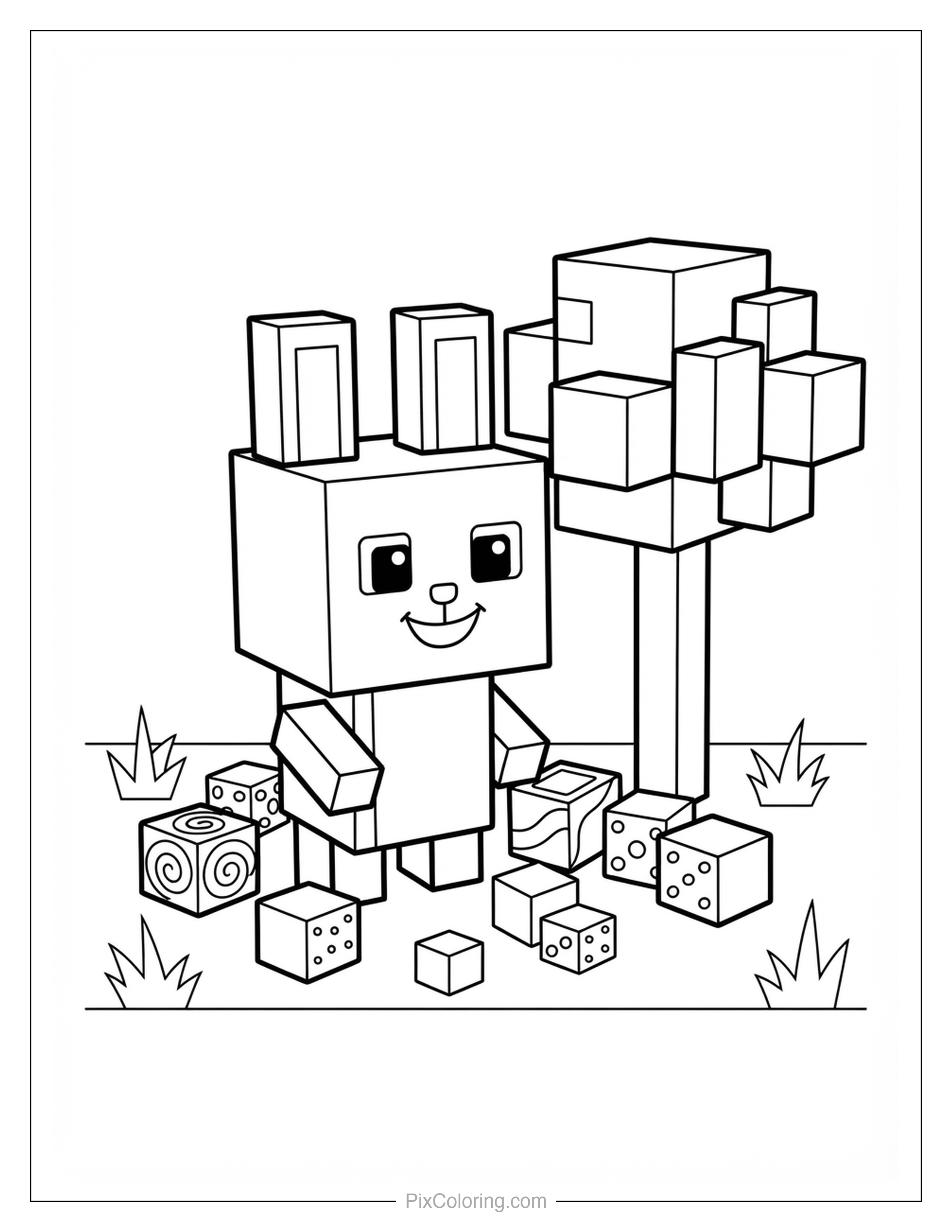 Blocky cube-style bunny standing next to a blocky tree and scattered cube blocks coloring page for kids