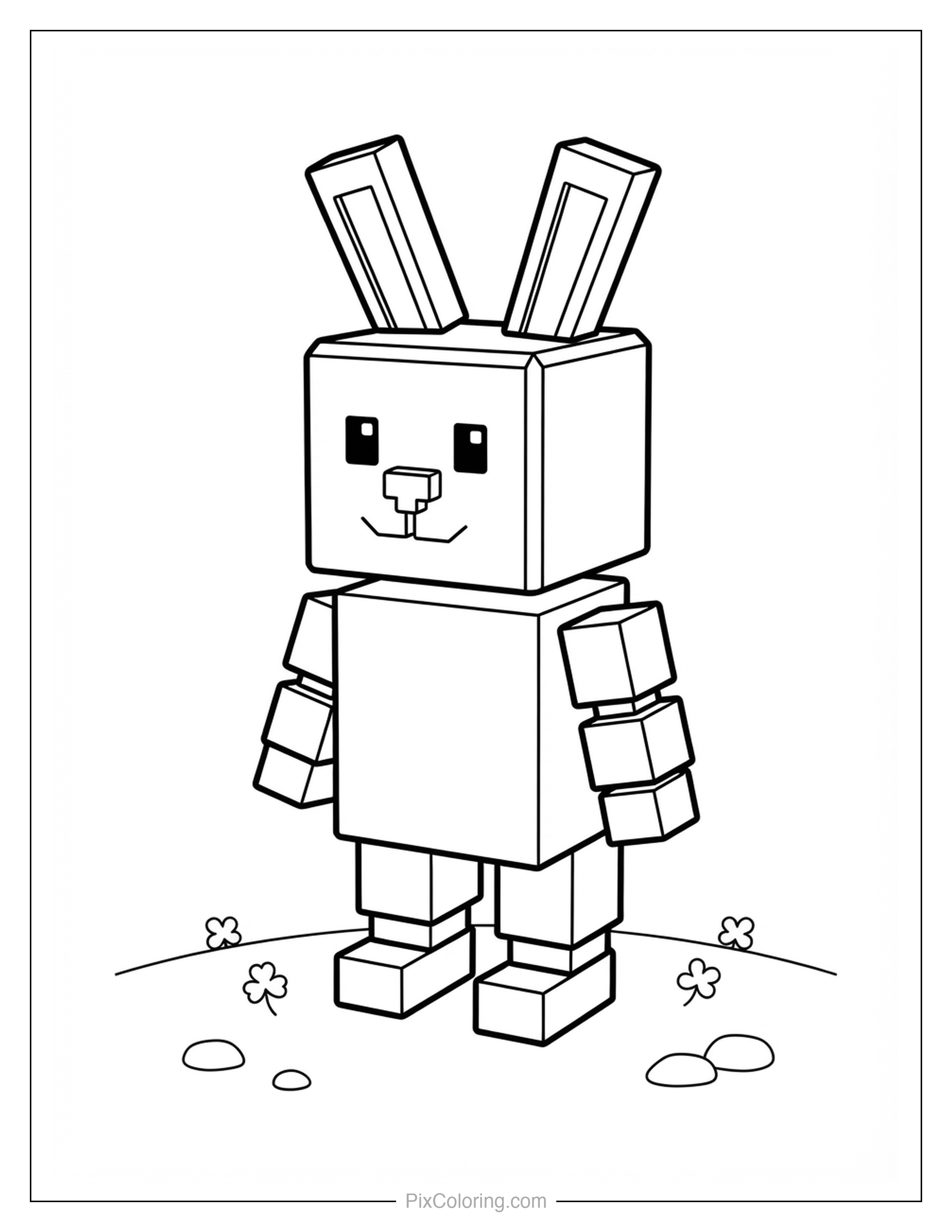 Cute blocky cube-style bunny character standing in the grass coloring page for kids