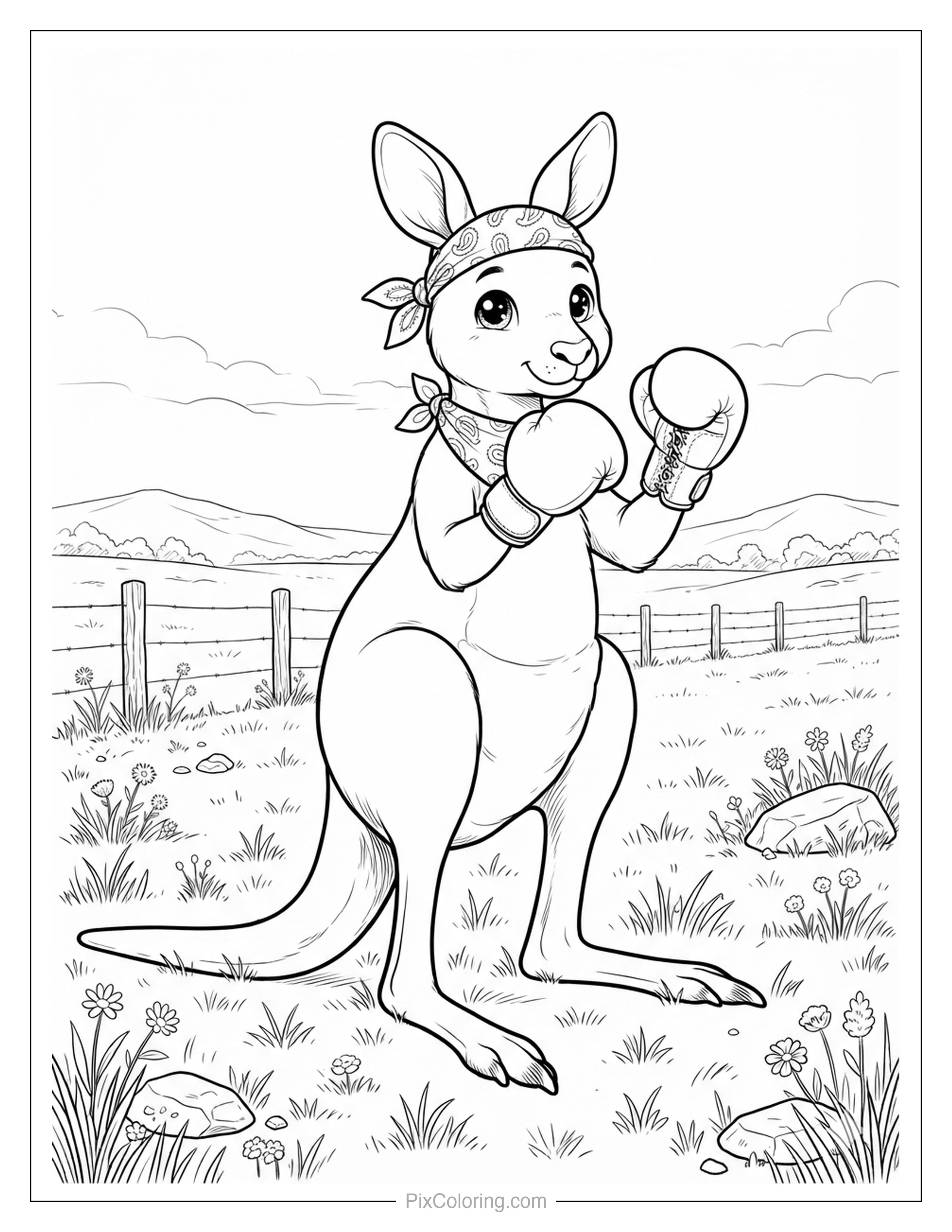 Goofy kangaroo wearing a bandana with boxing gloves up in a country field with a wooden fence coloring page for kids