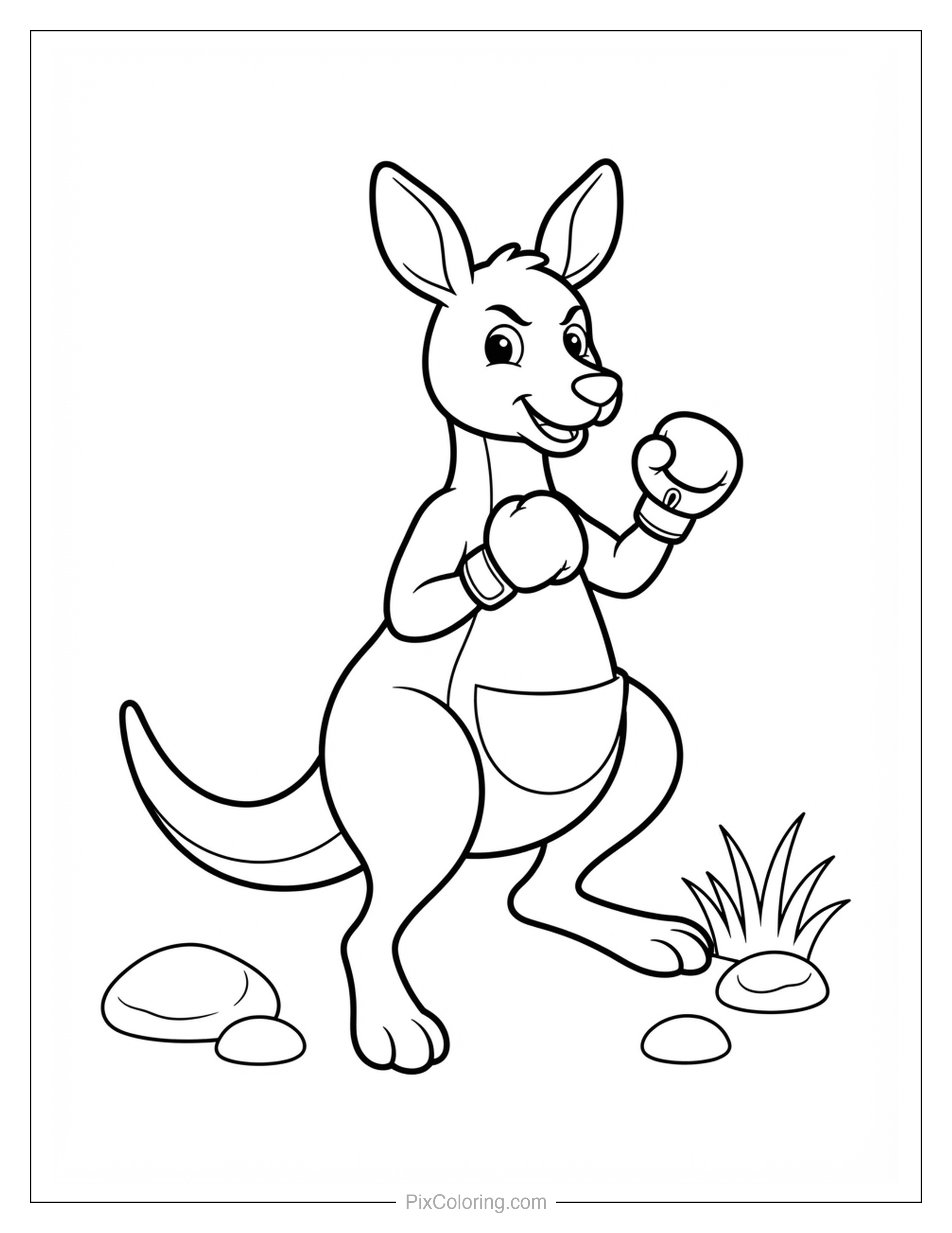 Goofy kangaroo wearing boxing gloves in a fighting pose coloring page for kids