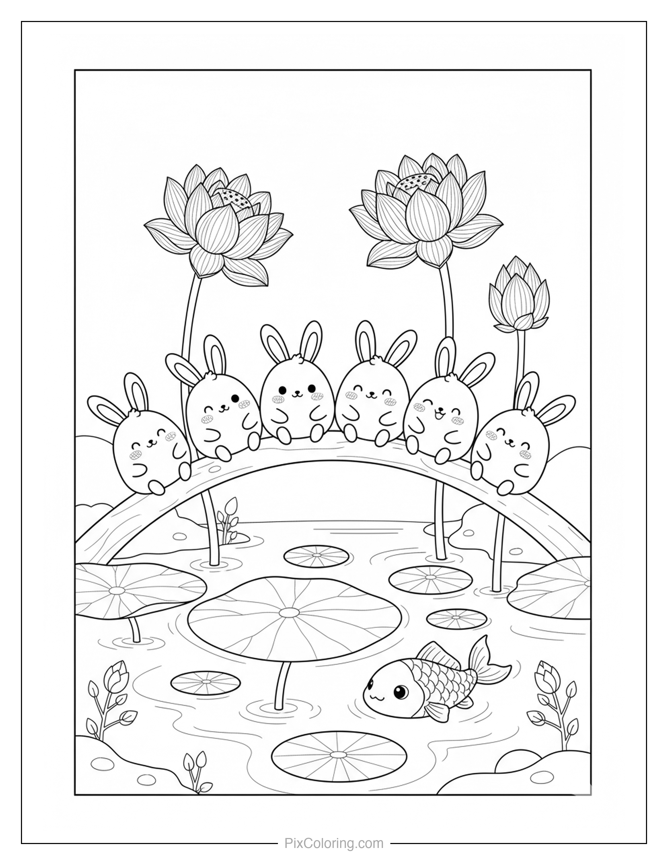Six cute bunnies leaning over a stone bridge in a lotus pond with water lilies and a koi fish swimming below coloring page for kids