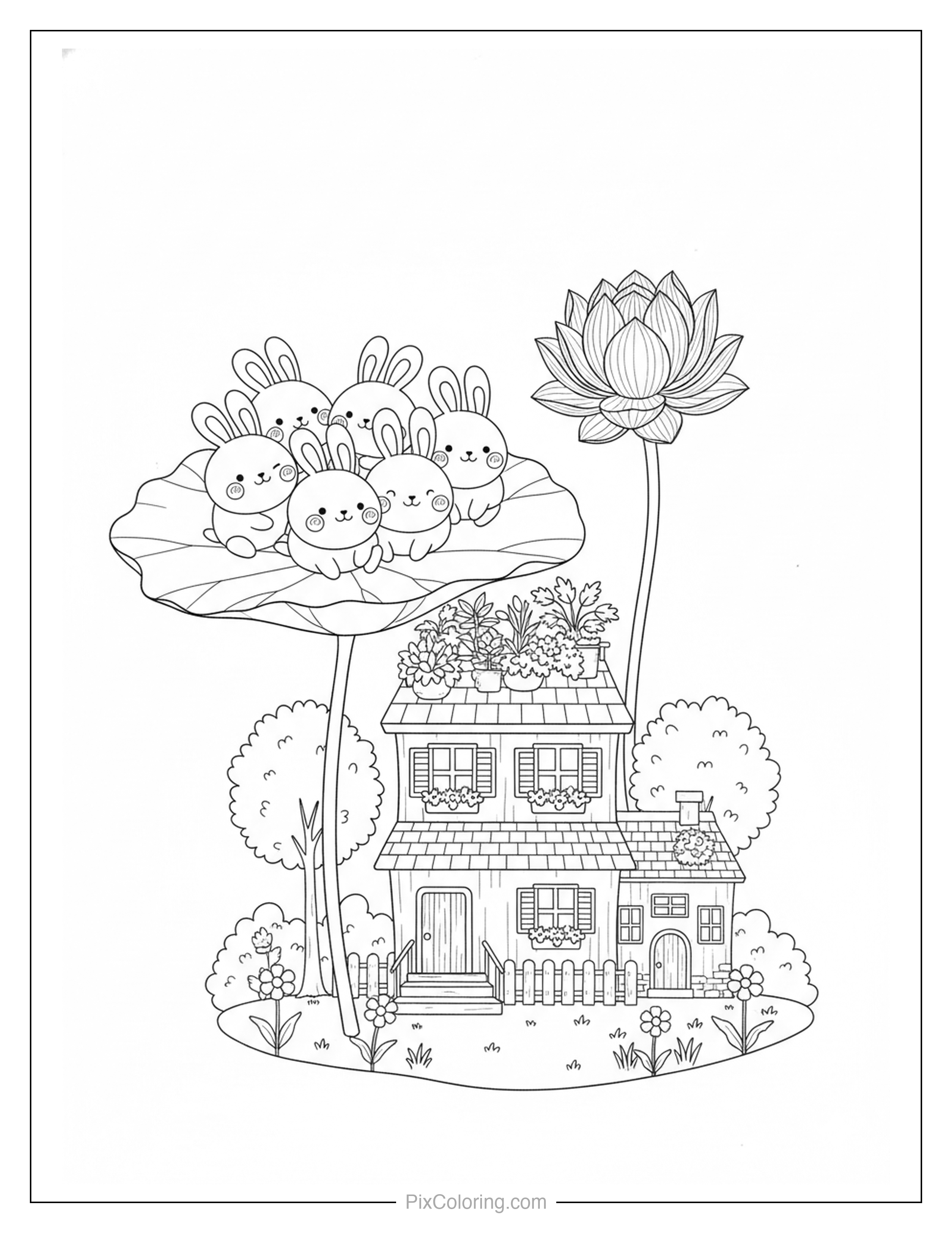 Five cute bunnies sitting on a giant lily pad with a lotus flower above a charming garden house with flower boxes coloring page for kids