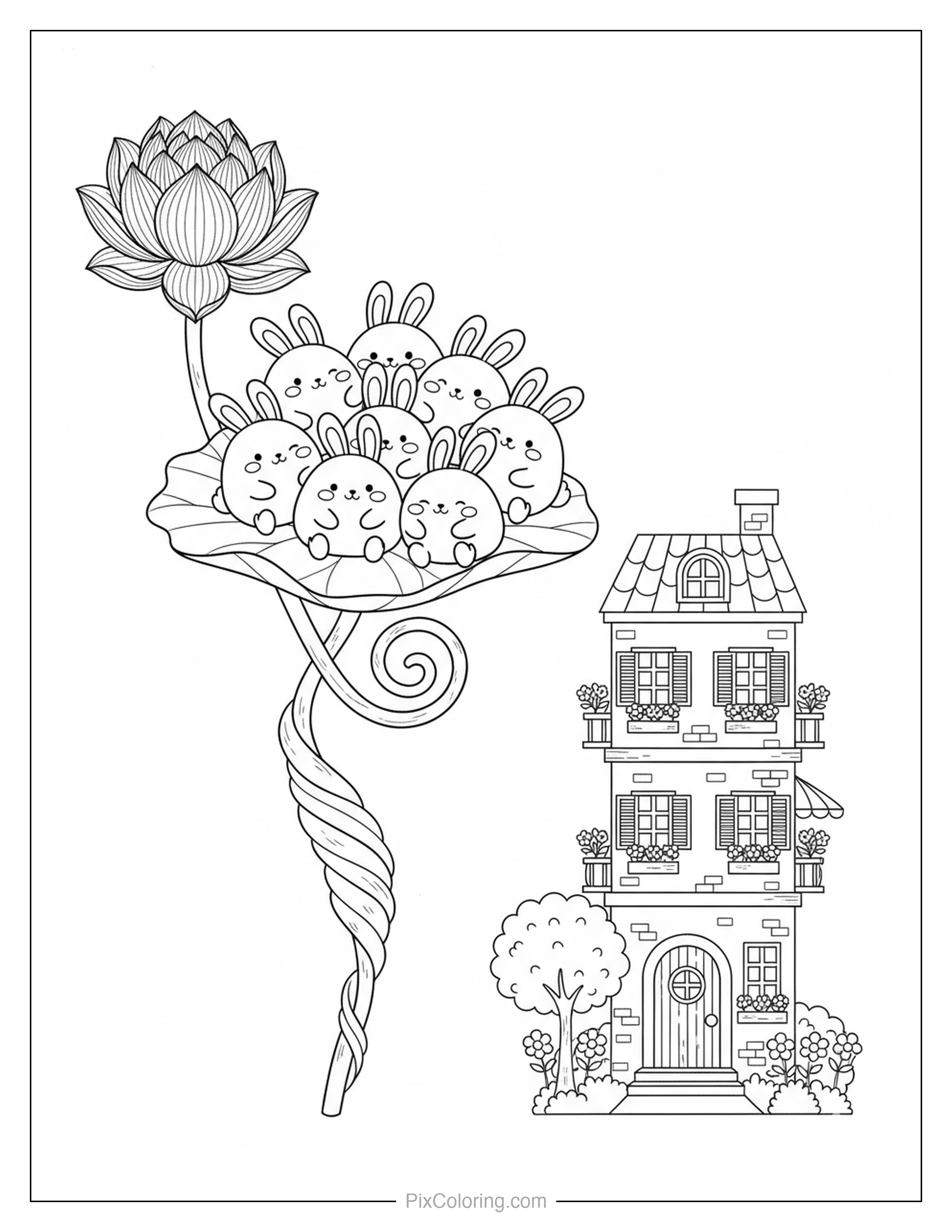 Five cute bunnies cuddled on a lily pad balanced on a spiral lotus stem next to a tall townhouse with flower window boxes coloring page for kids