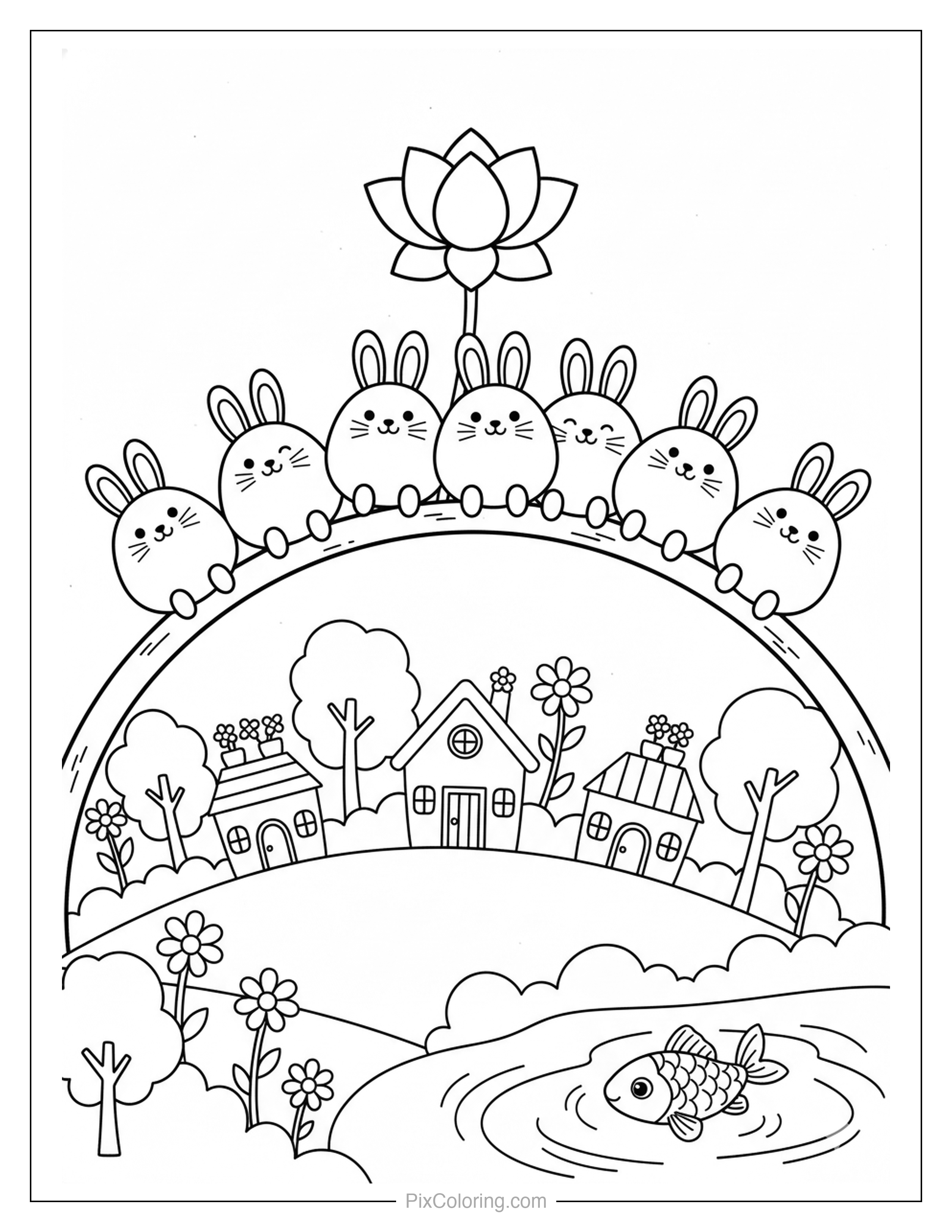 Six cute bunnies sitting on a rainbow arc with a lotus flower above a cozy village of houses and trees with a koi fish in a pond below coloring page for kids