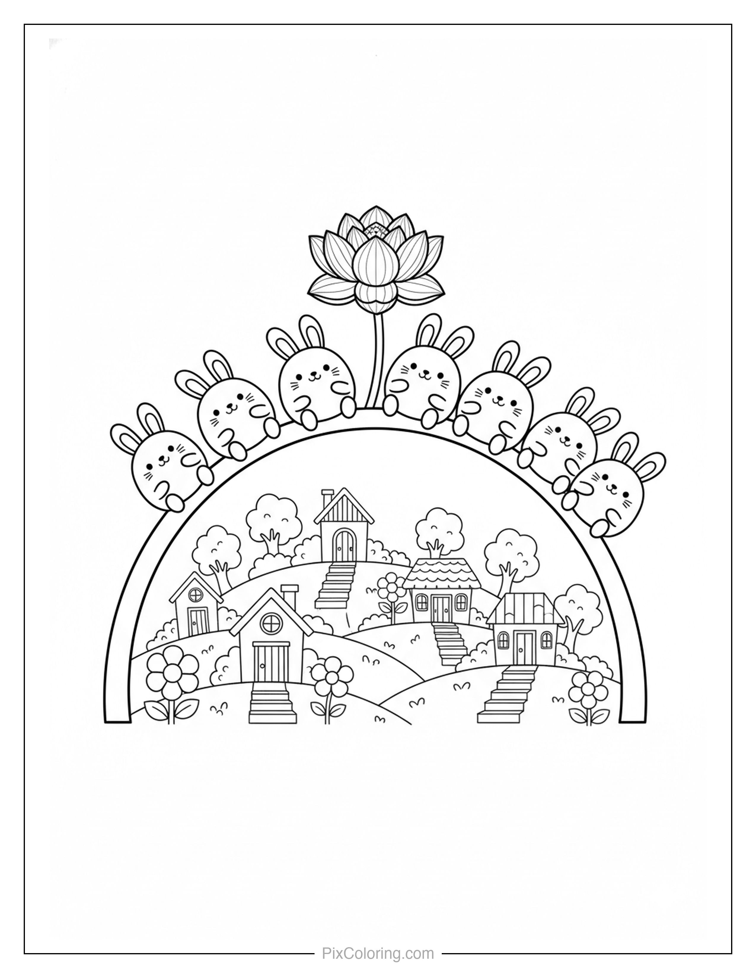 Six cute bunnies sitting on a rainbow arc with a lotus flower above a countryside village with houses, trees, flowers, and clouds coloring page for kids