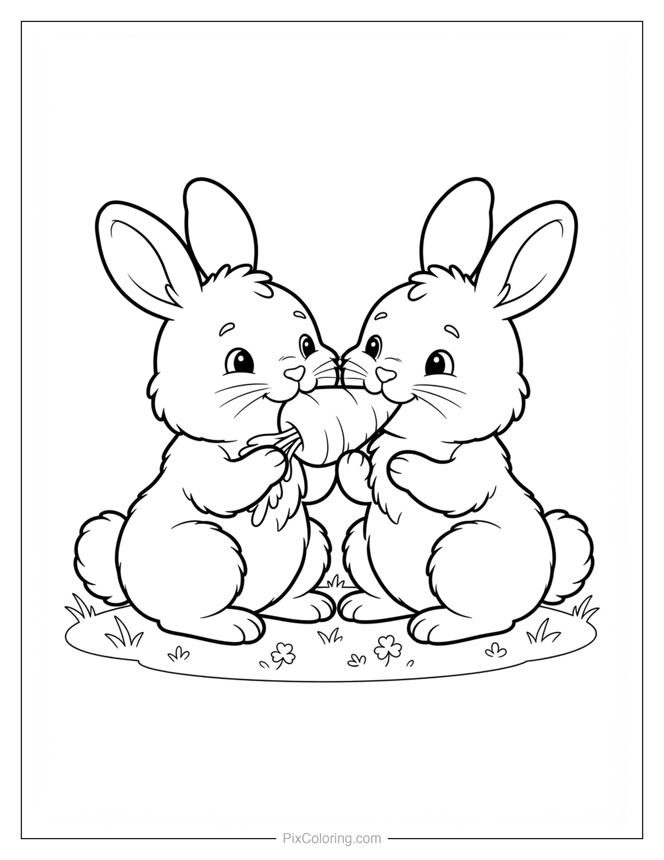 Two cute cartoon bunnies sitting nose to nose sharing a carrot coloring page for kids