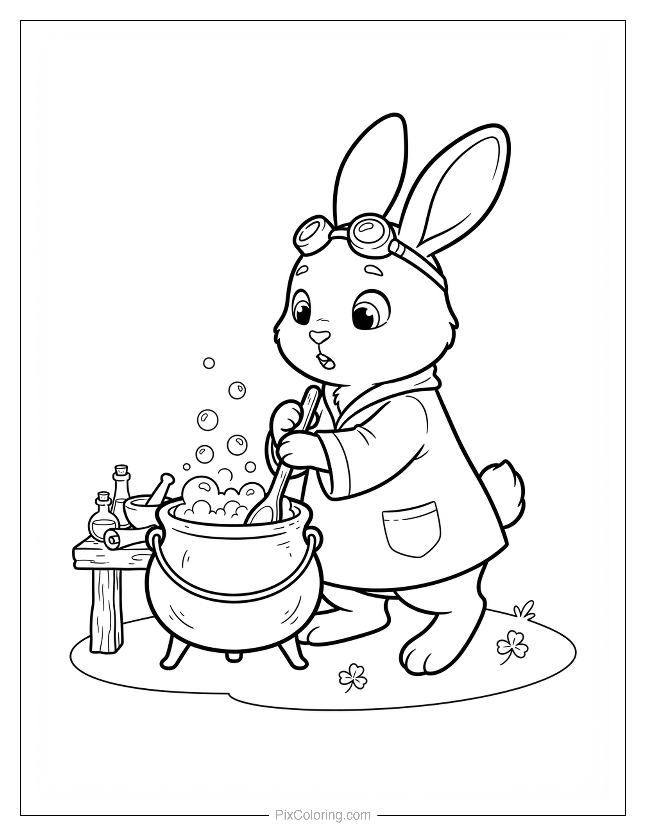 Cute cartoon bunny wizard wearing goggles stirring a bubbling potion cauldron coloring page for kids