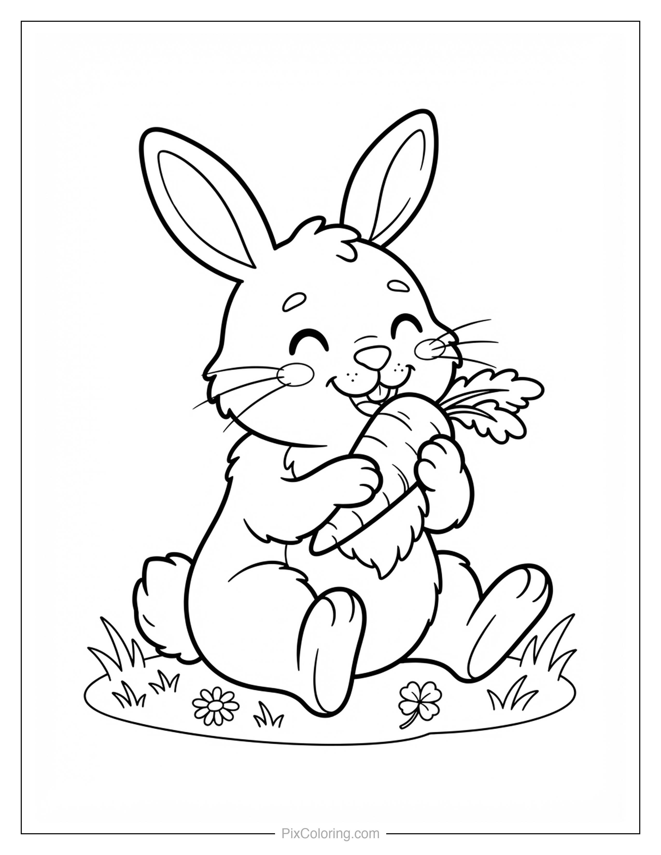 Cute cartoon bunny sitting in the grass eating a big carrot coloring page for kids