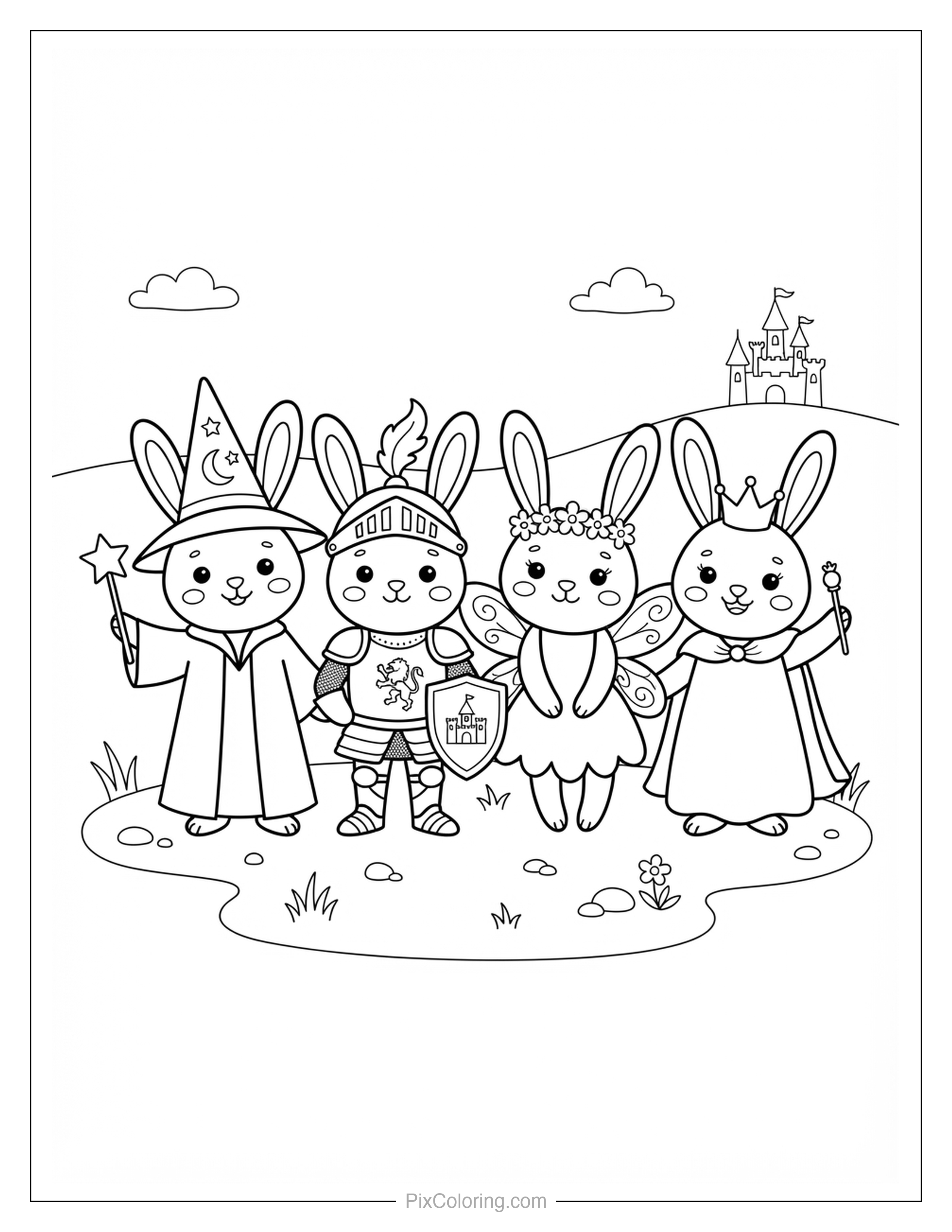 Four cute cartoon bunnies dressed as a wizard knight fairy and princess standing together with a castle in the background coloring page for kids