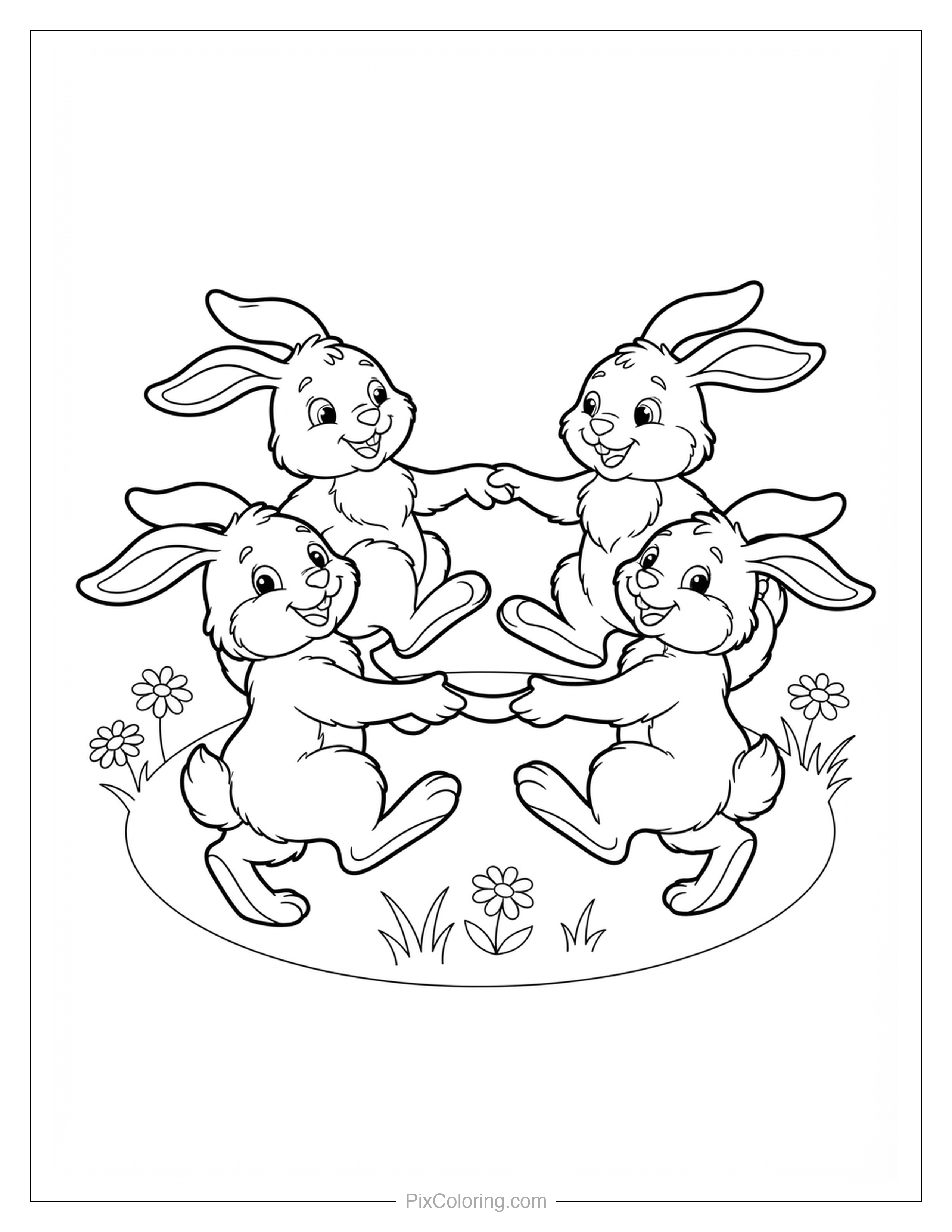 Four cute cartoon bunnies holding paws and dancing in a circle in the grass coloring page for kids