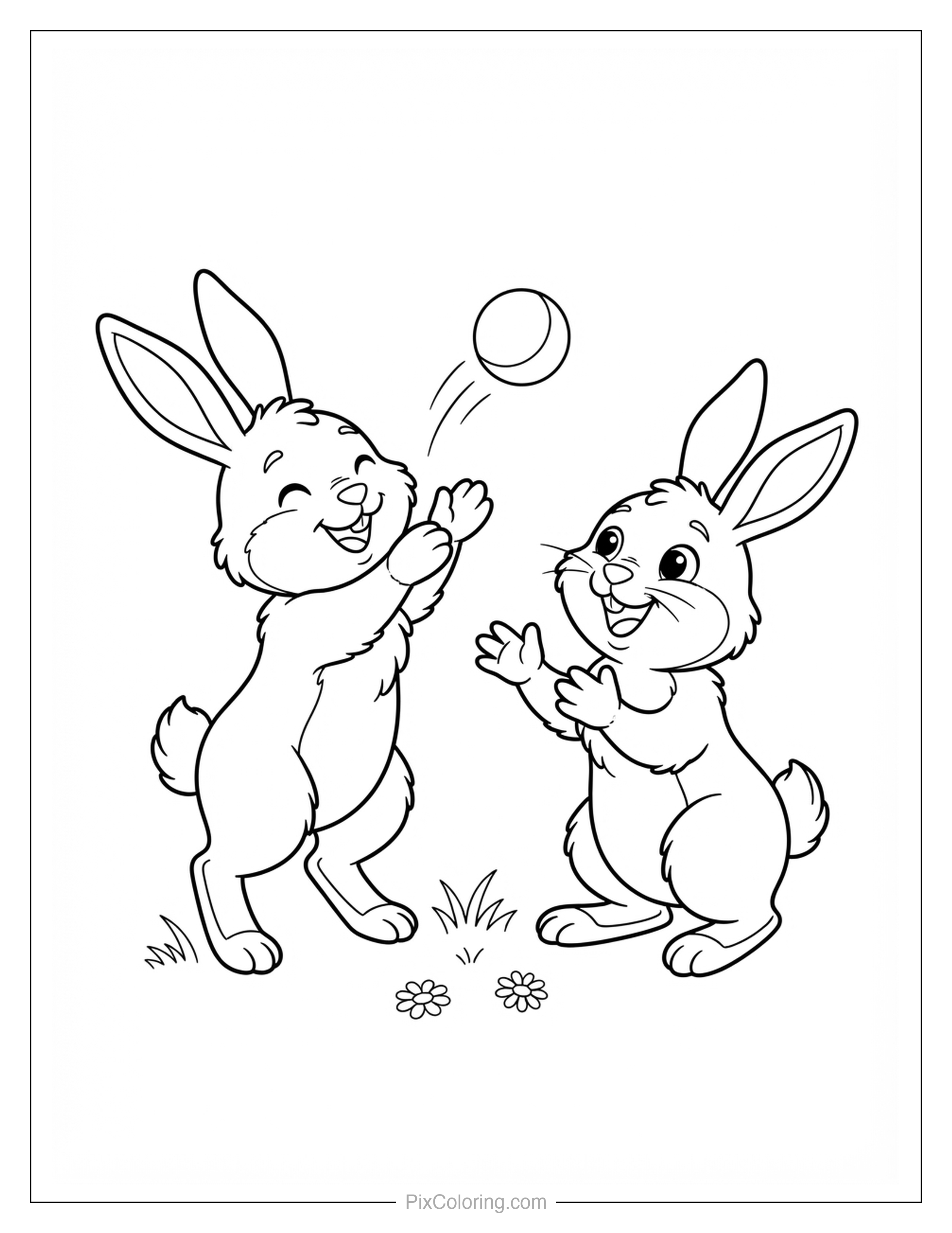 Two cute cartoon bunnies playing catch with a ball in the grass coloring page for kids