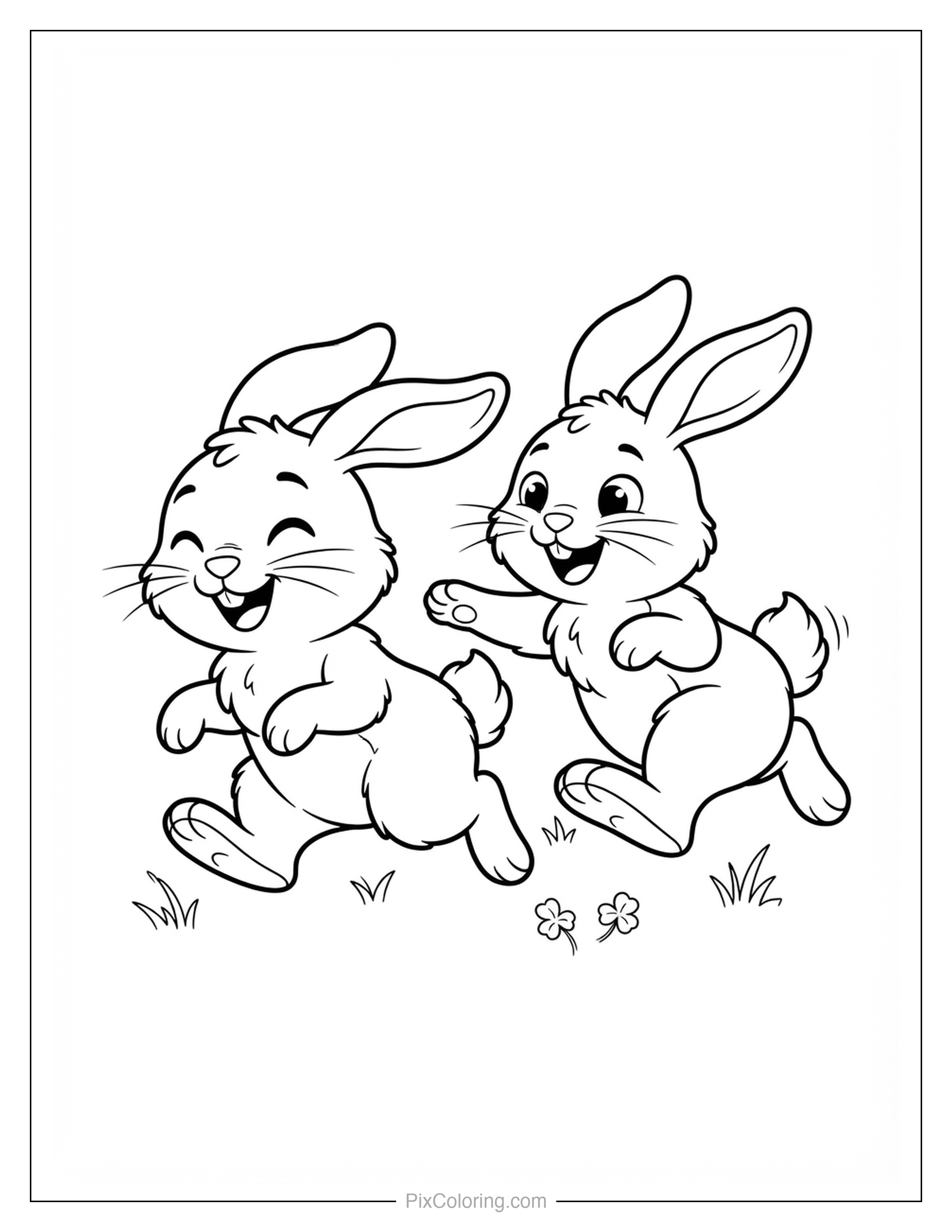 Two cute cartoon bunnies running and laughing together in the grass coloring page for kids