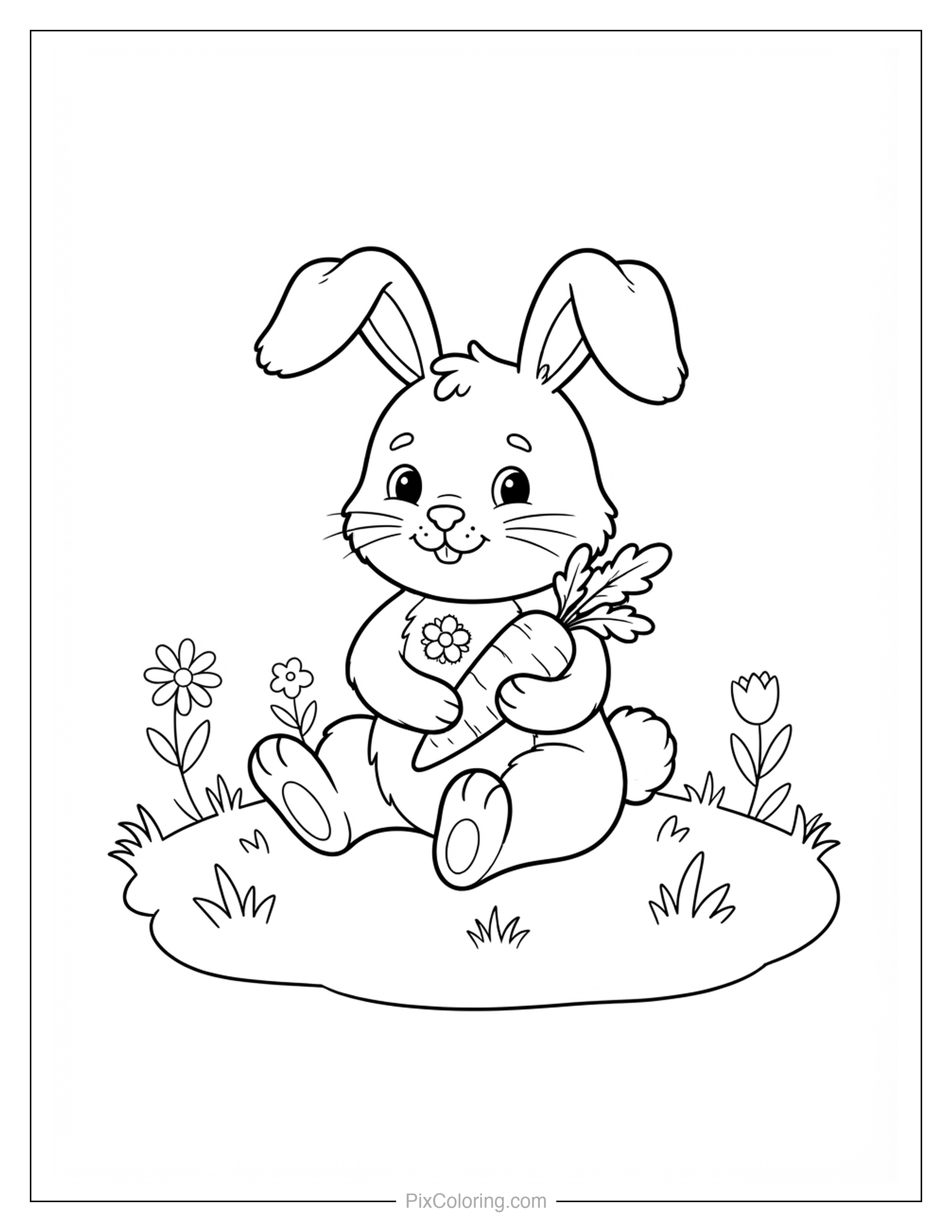 Cute cartoon bunny sitting in the grass hugging a big carrot surrounded by flowers coloring page for kids