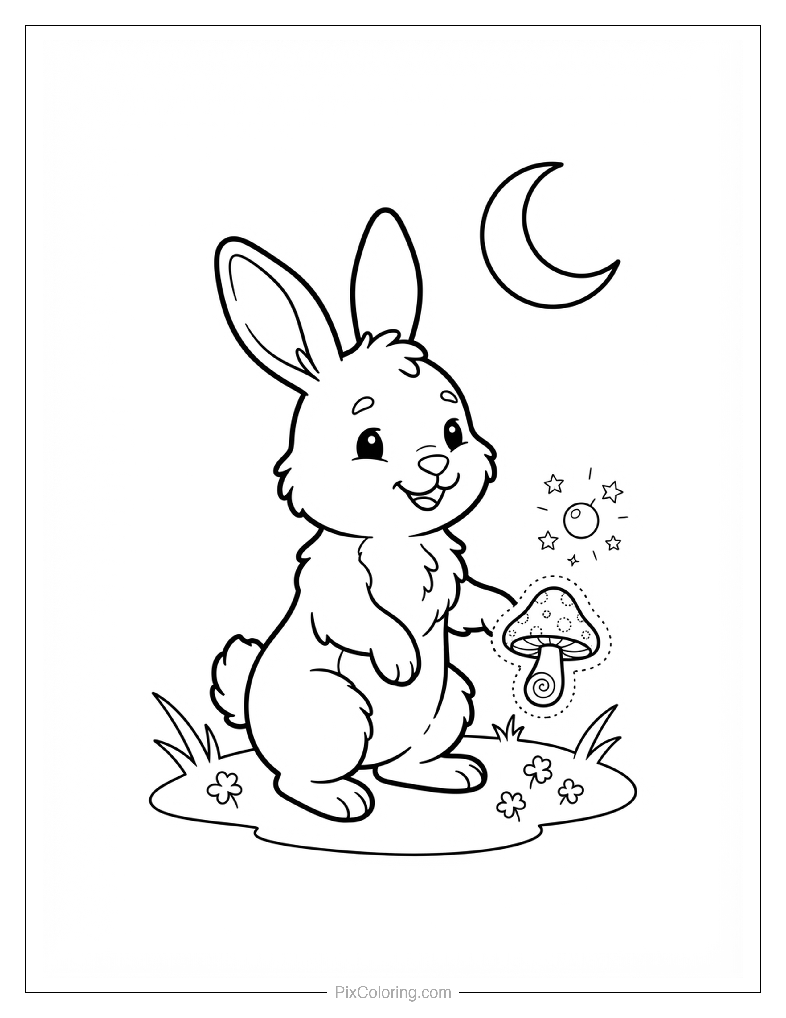 Cute cartoon bunny standing by a sparkling magic mushroom under a crescent moon and stars coloring page for kids