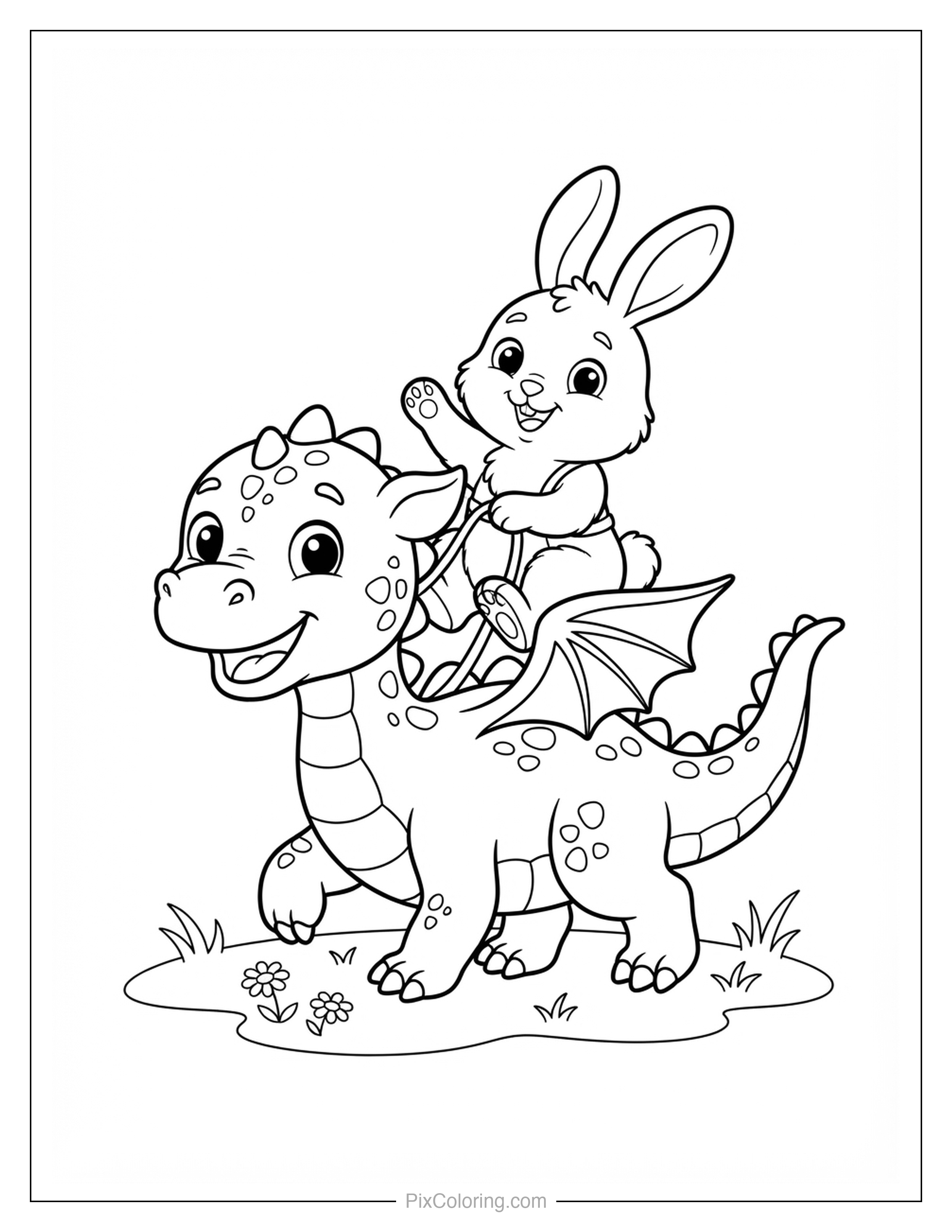 Cute cartoon bunny happily riding on the back of a friendly baby dragon in a grassy field coloring page for kids