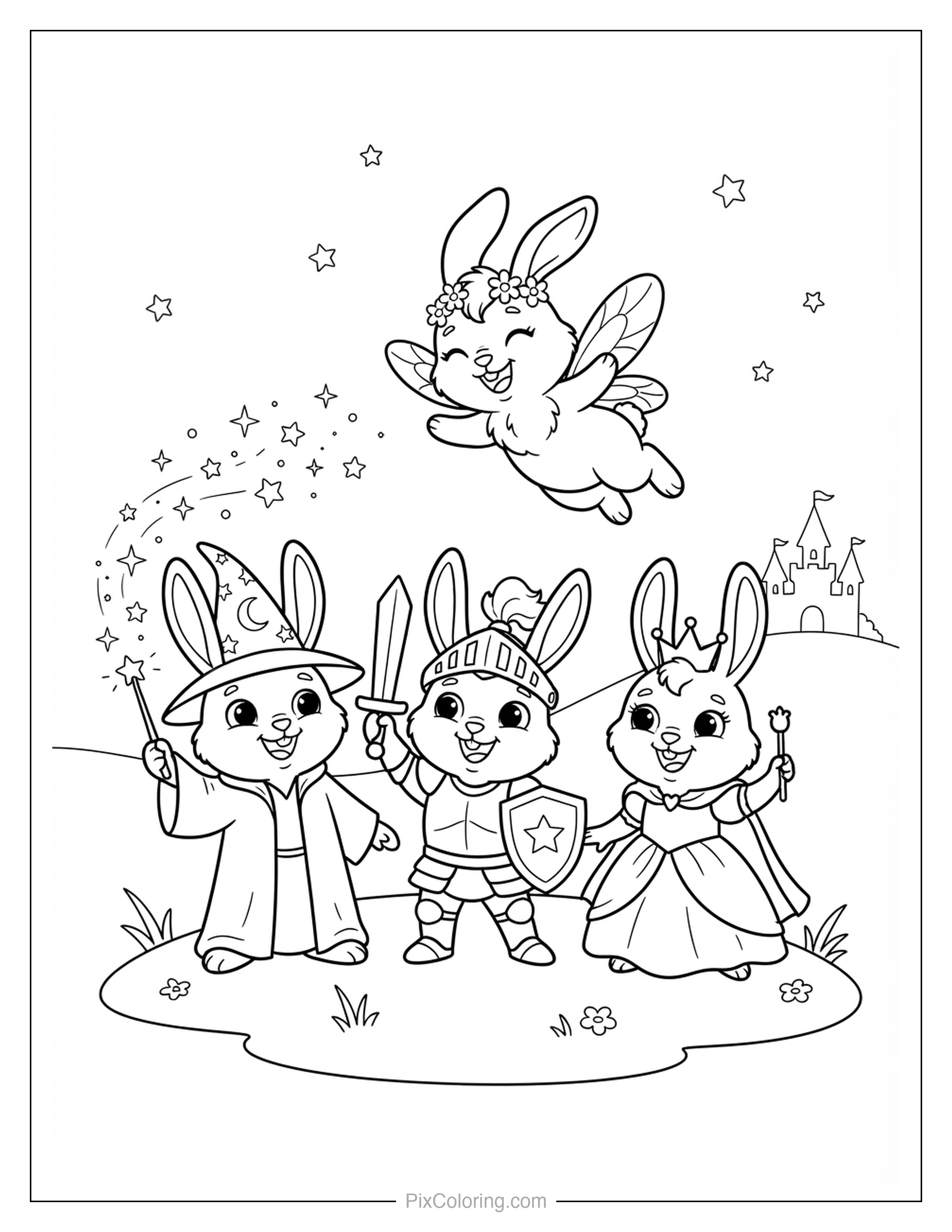 Cute cartoon fairy bunny flying above a wizard knight and princess bunny with a castle in the background coloring page for kids