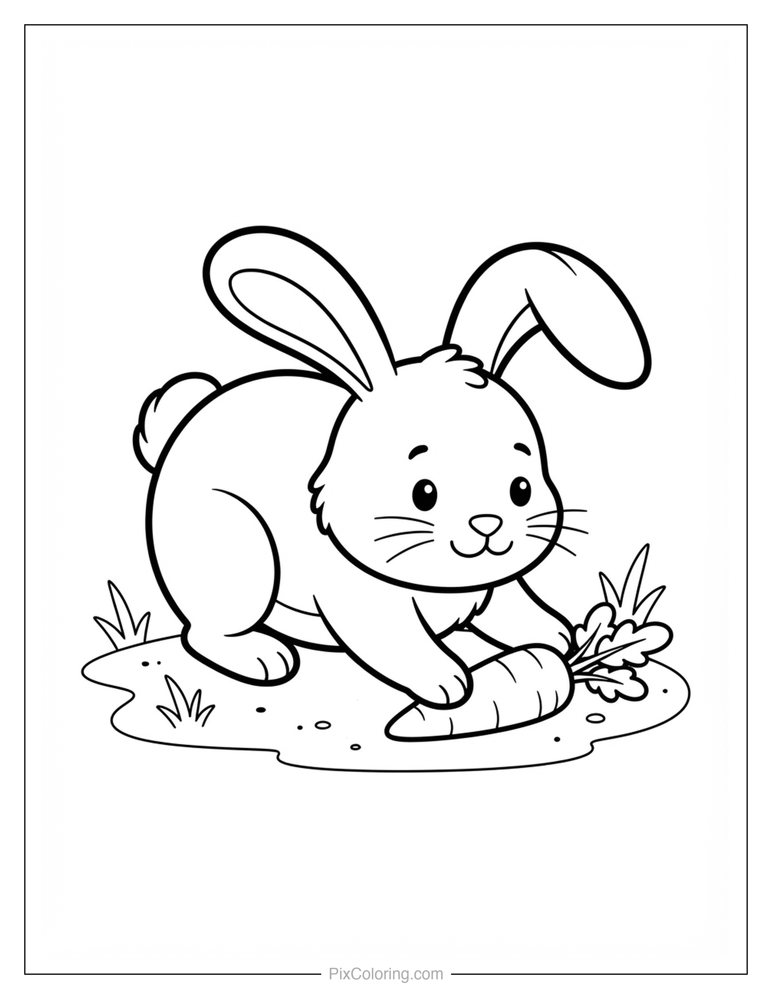 Cute cartoon bunny crouched down sniffing a carrot in the grass coloring page for kids