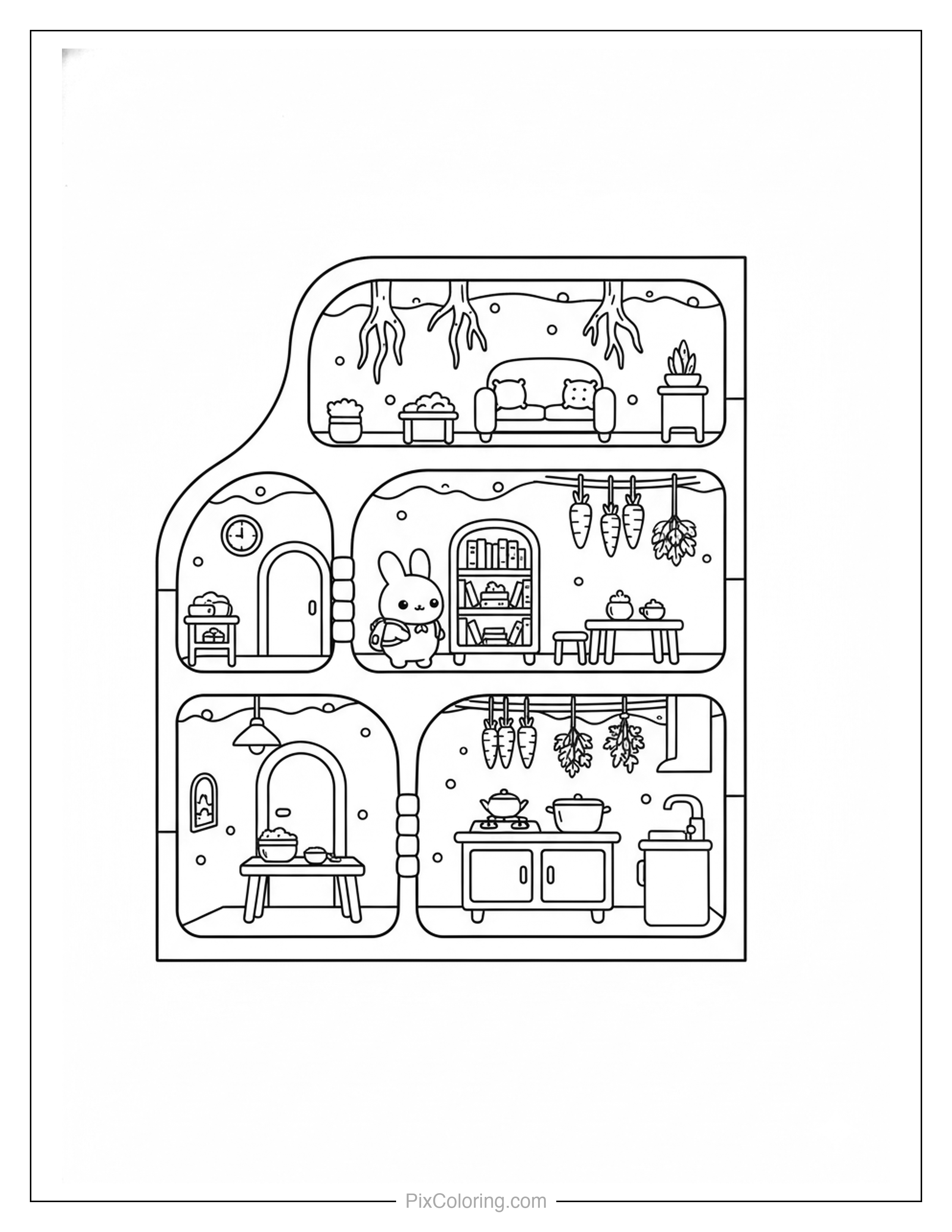 Bunny's cozy underground burrow cutaway showing three floors with living room, library with bookcase, and kitchen with hanging carrots coloring page for kids