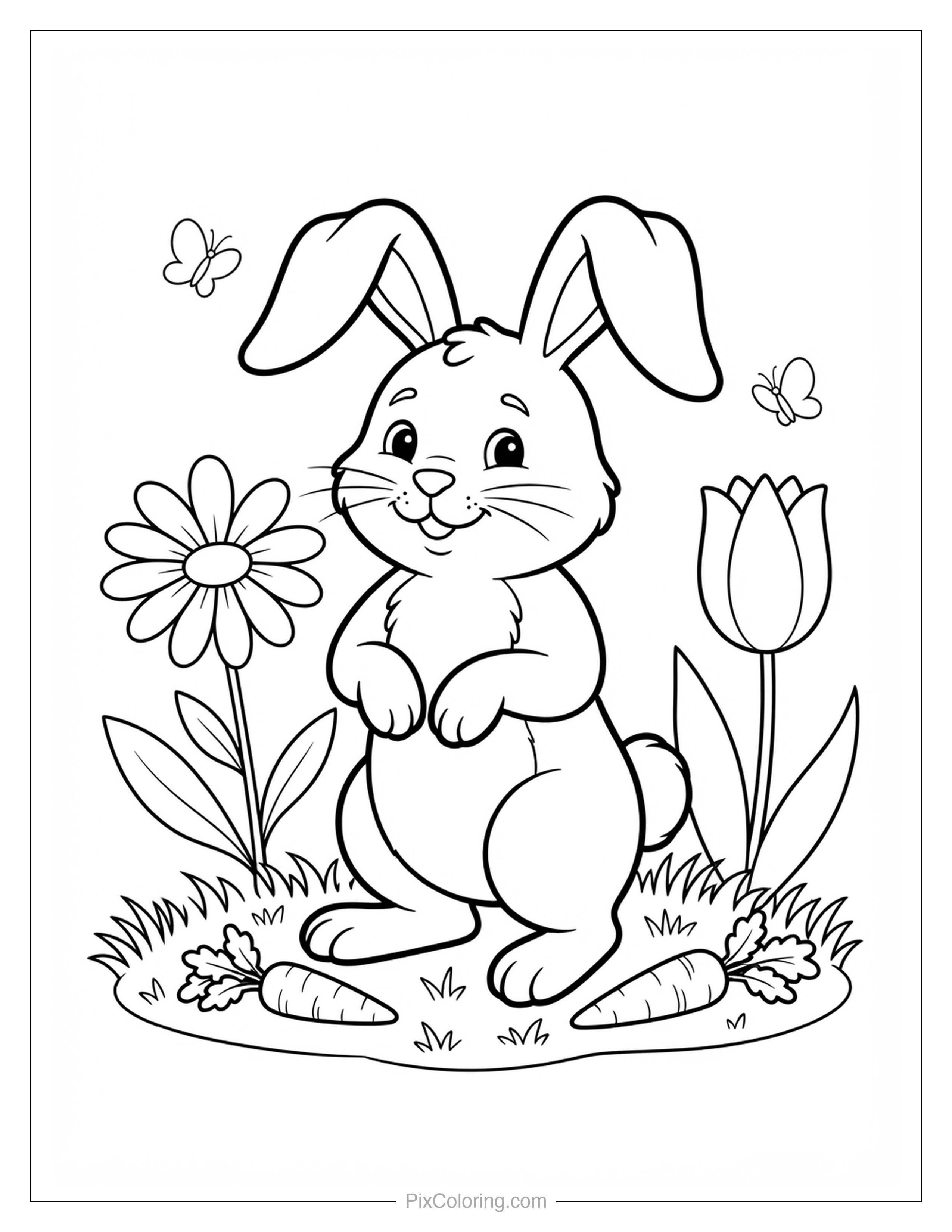 Cute cartoon bunny standing in a garden with butterflies flowers and carrots coloring page for kids