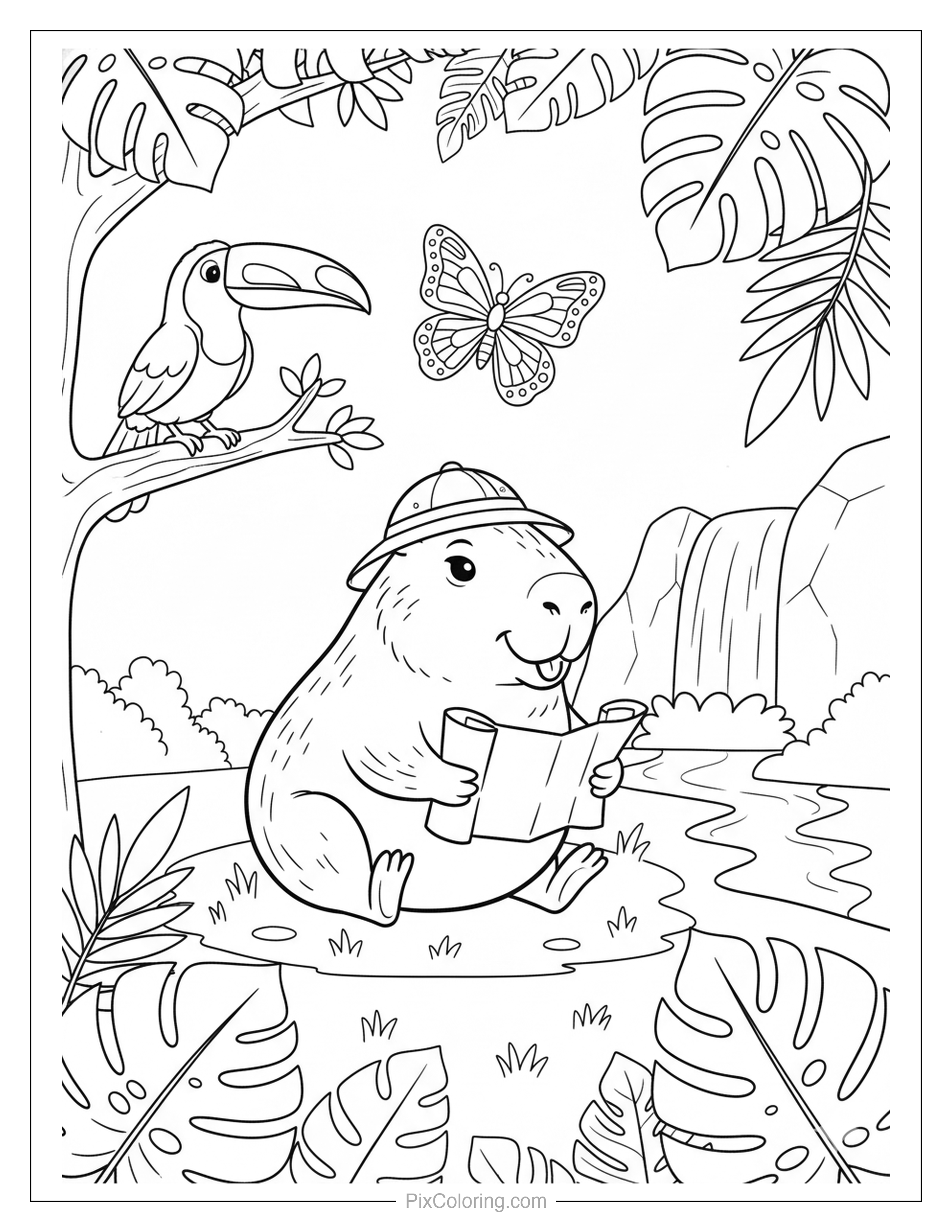 A cute capybara wearing an explorer hat reading a map in a lush jungle with a toucan, butterfly, and waterfall coloring page for kids