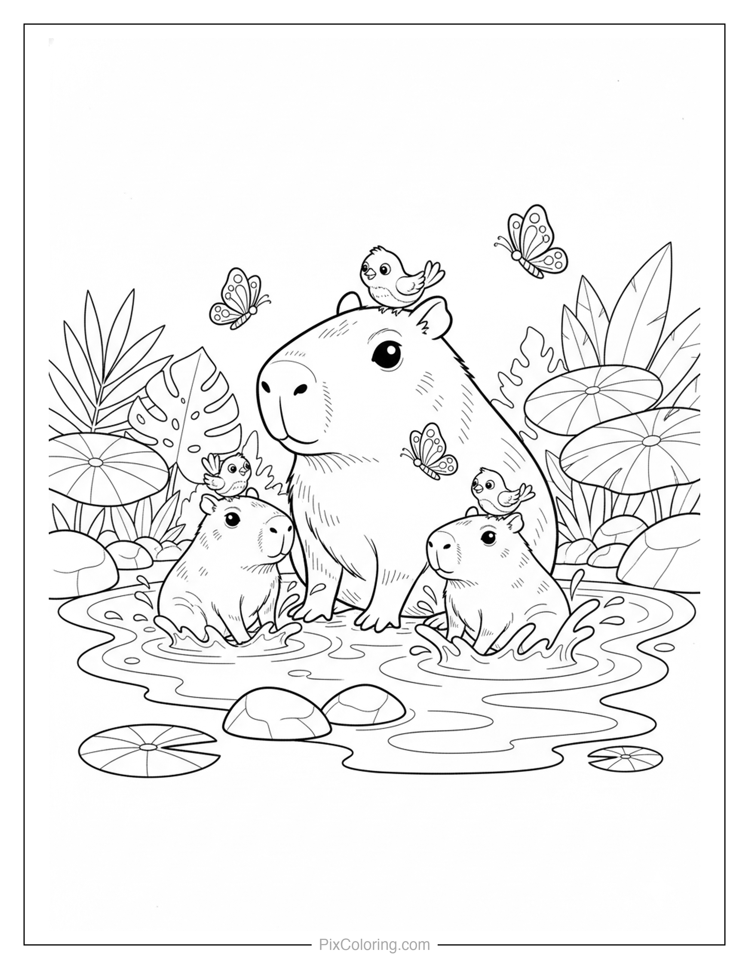 A mama capybara sitting in a peaceful pond with three baby capybaras, butterflies, and little birds perched around her, surrounded by tropical leaves coloring page for kids