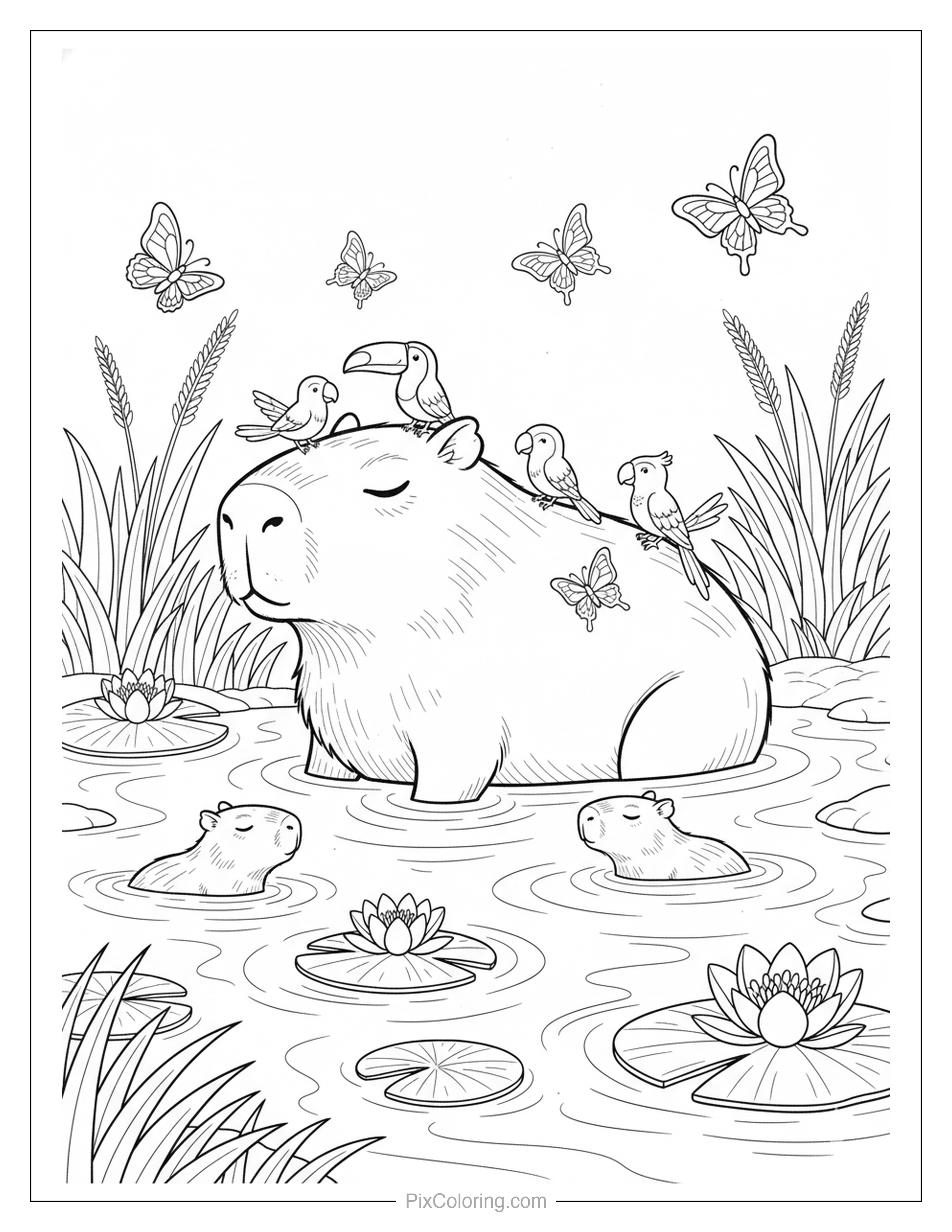 Calm capybara relaxing in a pond with birds perched on its back, baby capybaras, butterflies, and lily pads coloring page for kids