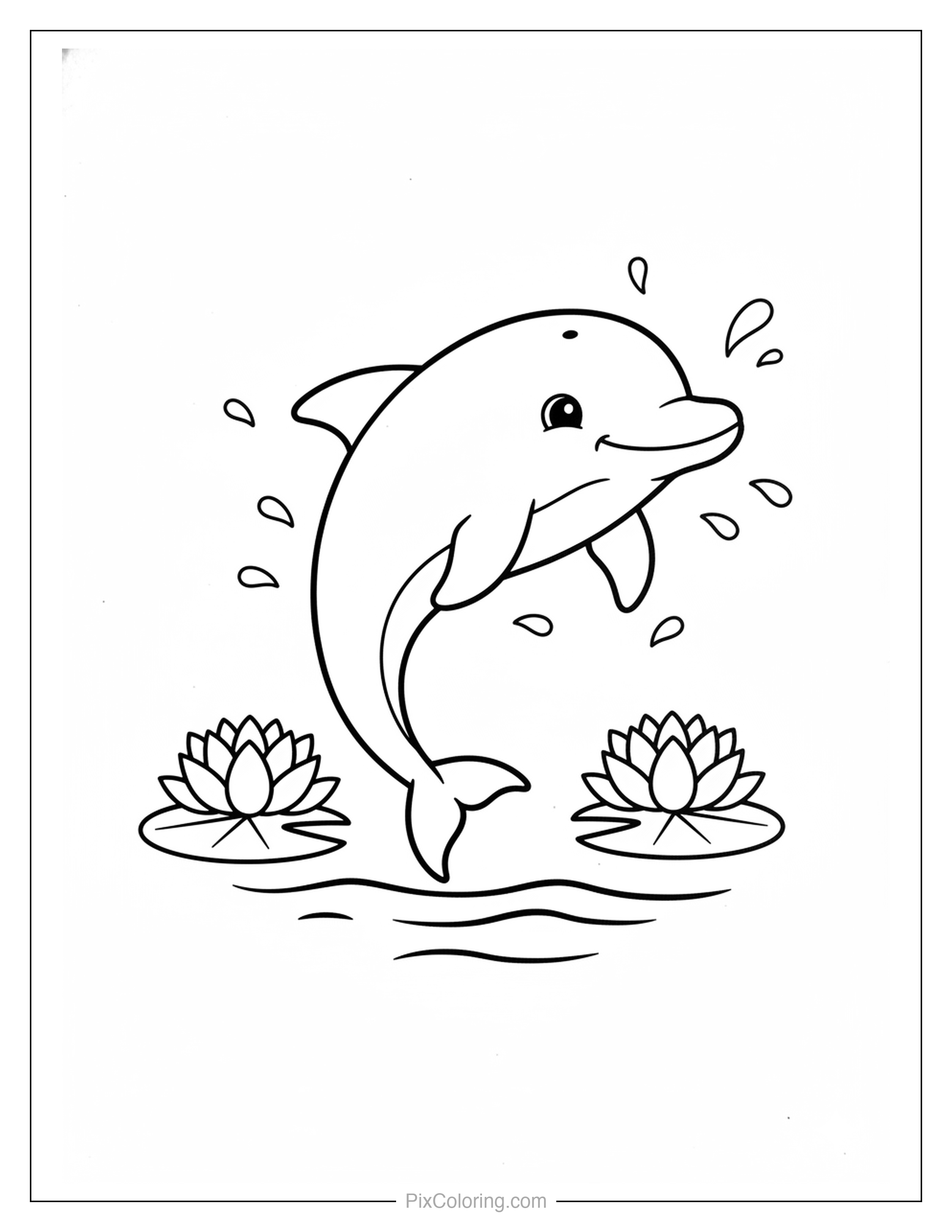 Simple cute cartoon dolphin jumping from water with water drops splashing and lotus flowers floating below coloring page for kids