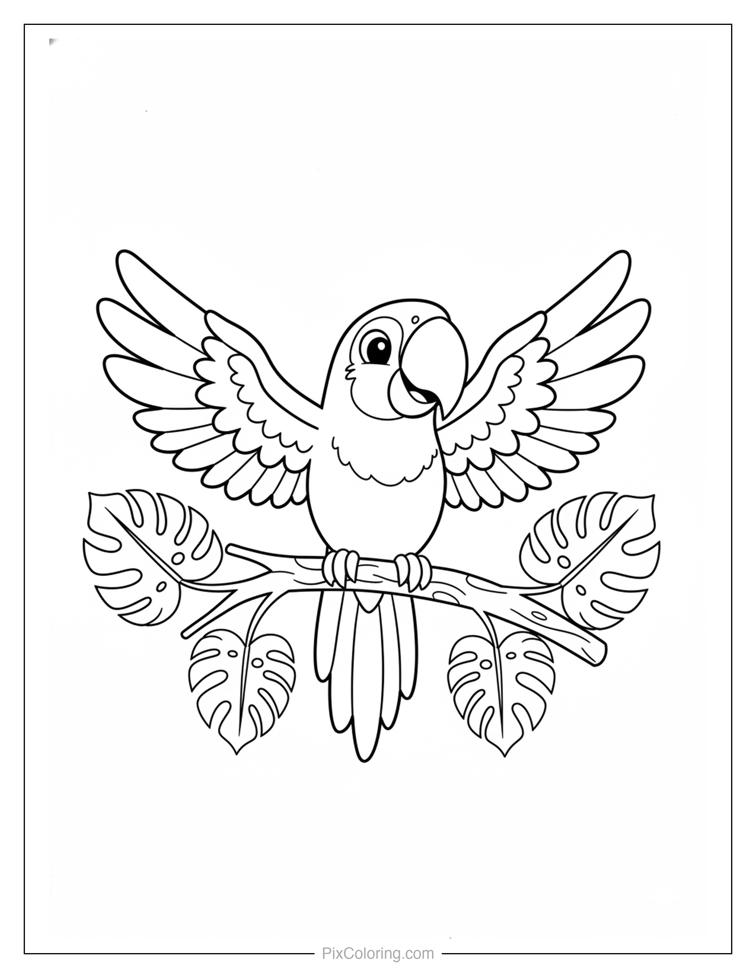 Cheerful cartoon parrot with wings spread wide open perched on a tropical branch with large monstera leaves coloring page for kids