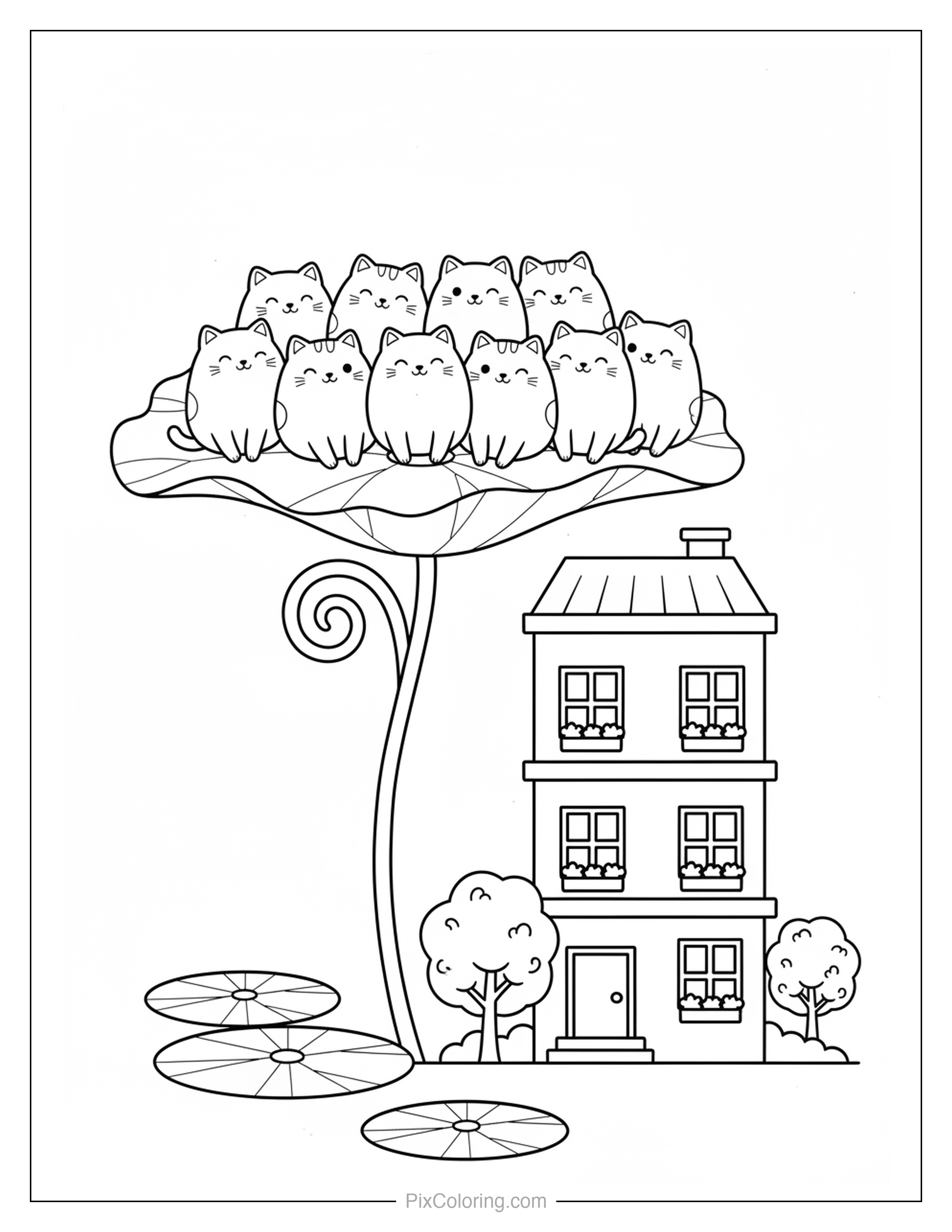 A row of seven cute cats sitting on top of a giant lotus flower with a spiral stem, with lily pads and houses below coloring page for kids