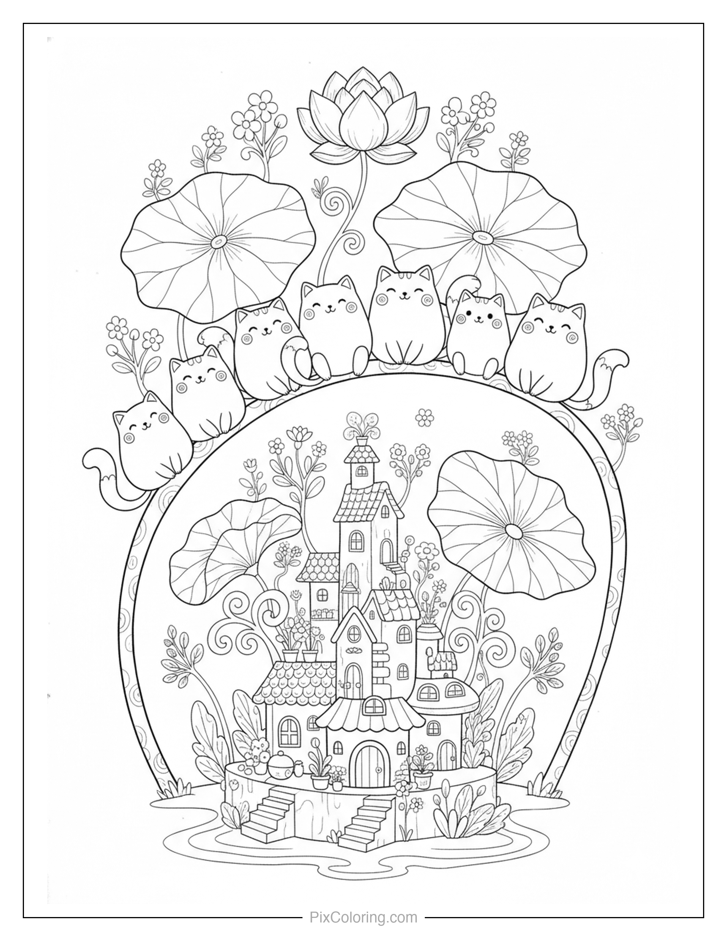 Five cute cats sitting on a curved lily pad arch with lotus flowers above a tiny fairy tale castle surrounded by water and plants coloring page for kids