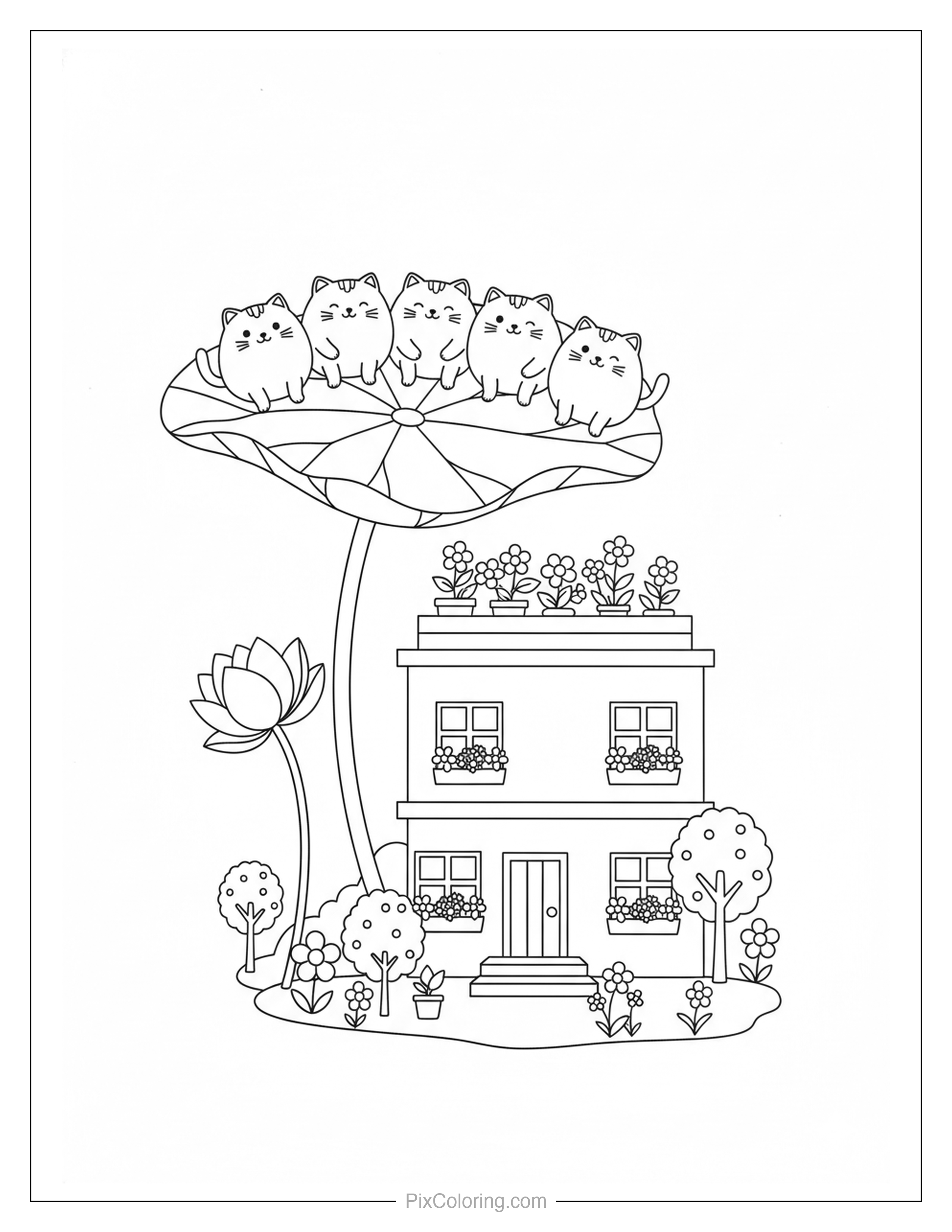 Four cats sitting on top of a big lily pad above a flower-roofed house with window boxes and surrounding trees coloring page for kids